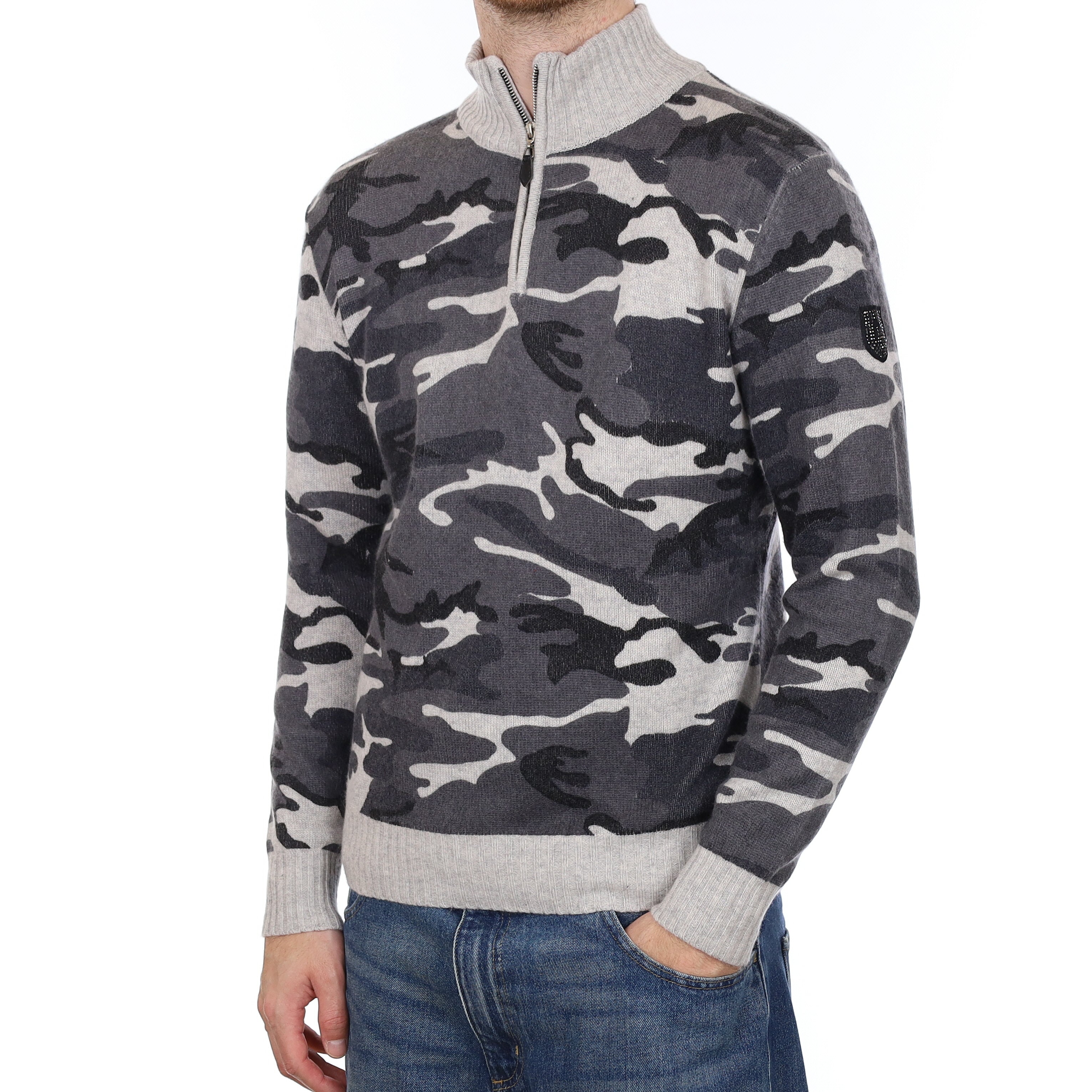 Men's Grey Camouflage Cashmere 1/4 Zip Jumper Large