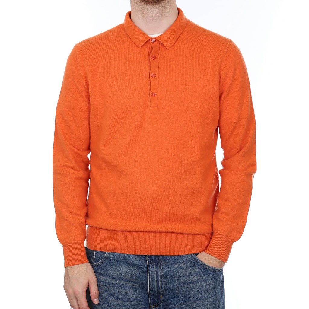 Men's Tangerine Orange Cashmere Collared 1/4 Button Jumper Large