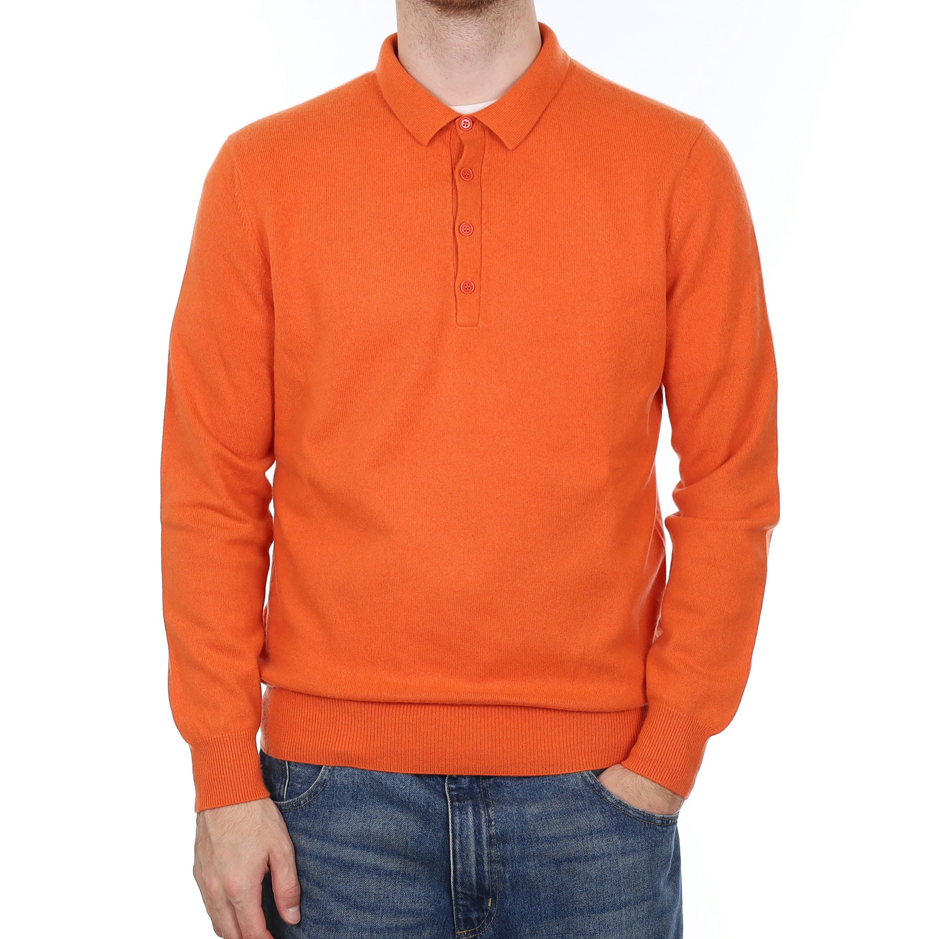Men's Tangerine Orange Cashmere Collared 1/4 Button Jumper Large