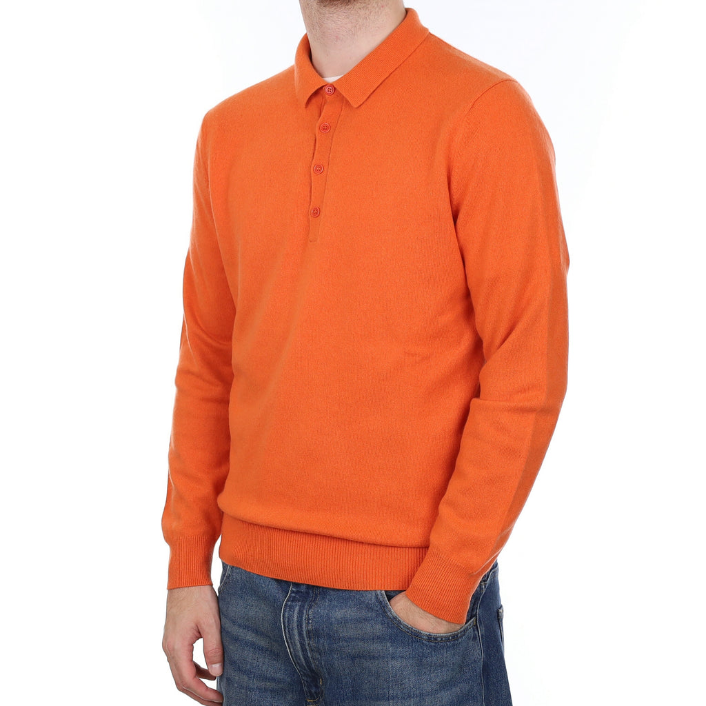 Men's Tangerine Orange Cashmere Collared 1/4 Button Jumper Large