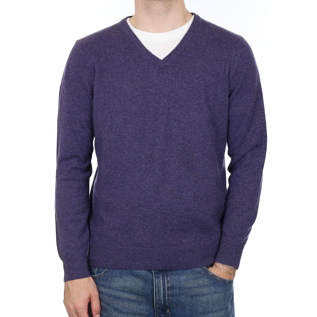 Men's Deep Dusky Purple Cashmere V Neck Jumper Large