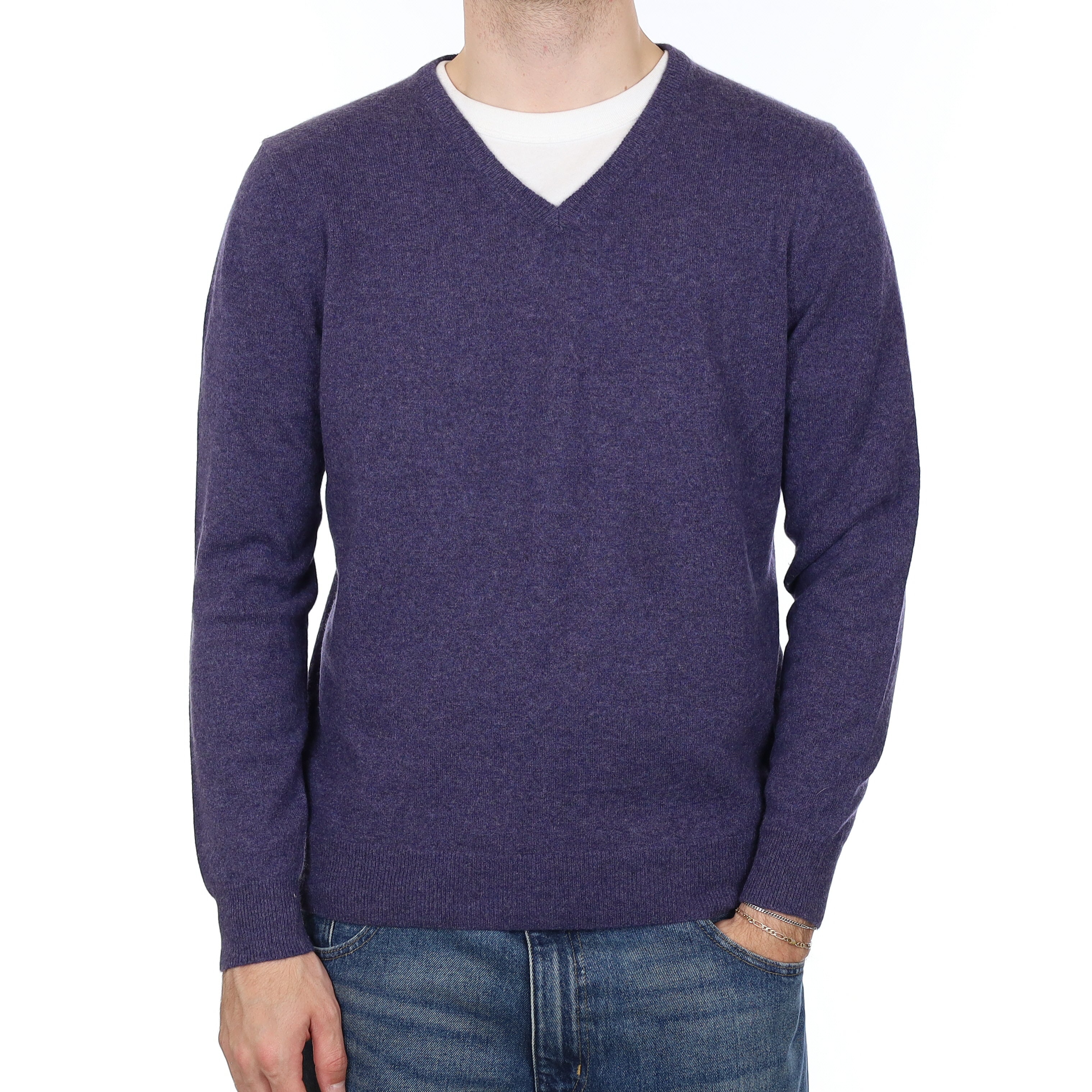 Men's Deep Dusky Purple Cashmere V Neck Jumper Large