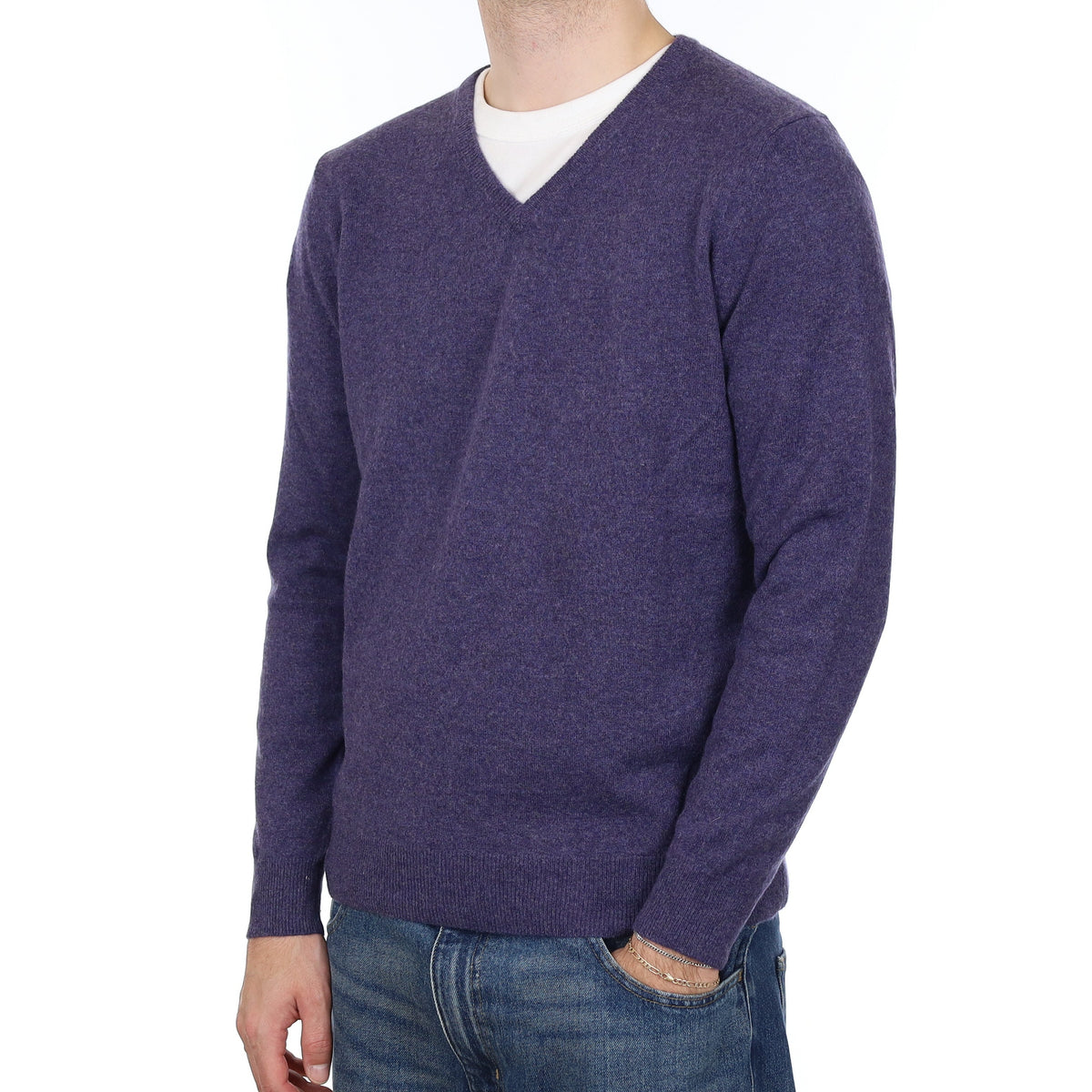 Men's Deep Dusky Purple Cashmere V Neck Jumper Large