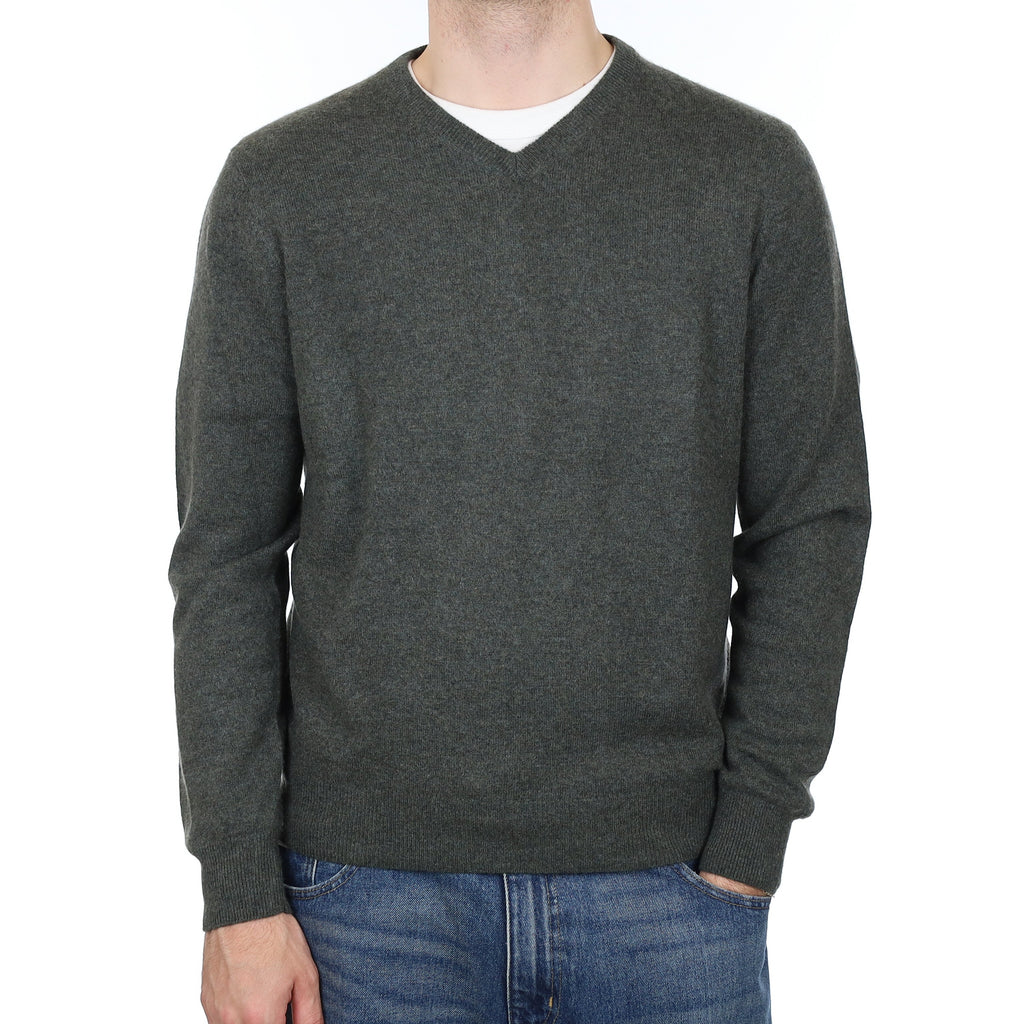 Men's Deep Khaki Marl Cashmere V Neck Jumper Large