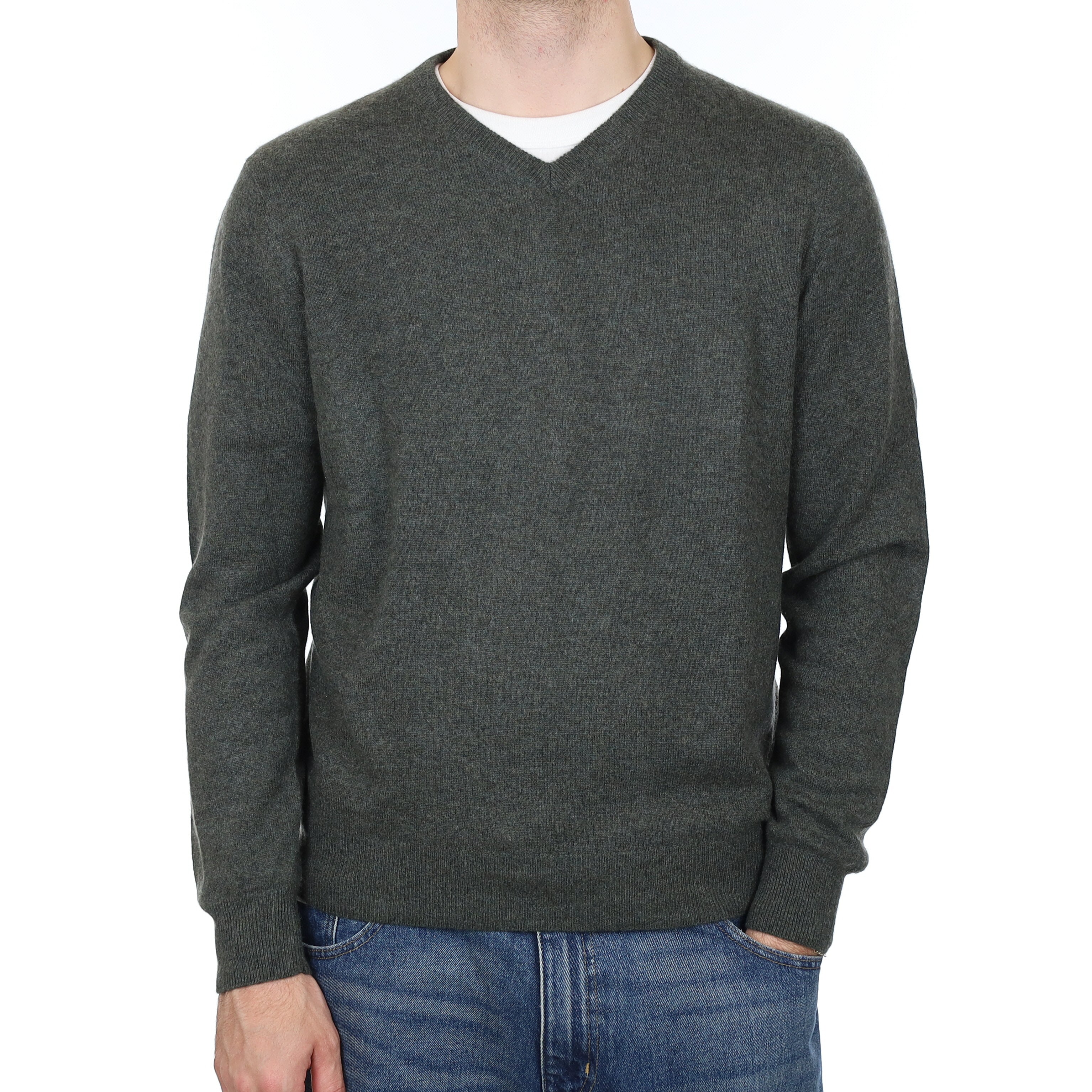 Men's Deep Khaki Marl Cashmere V Neck Jumper Large