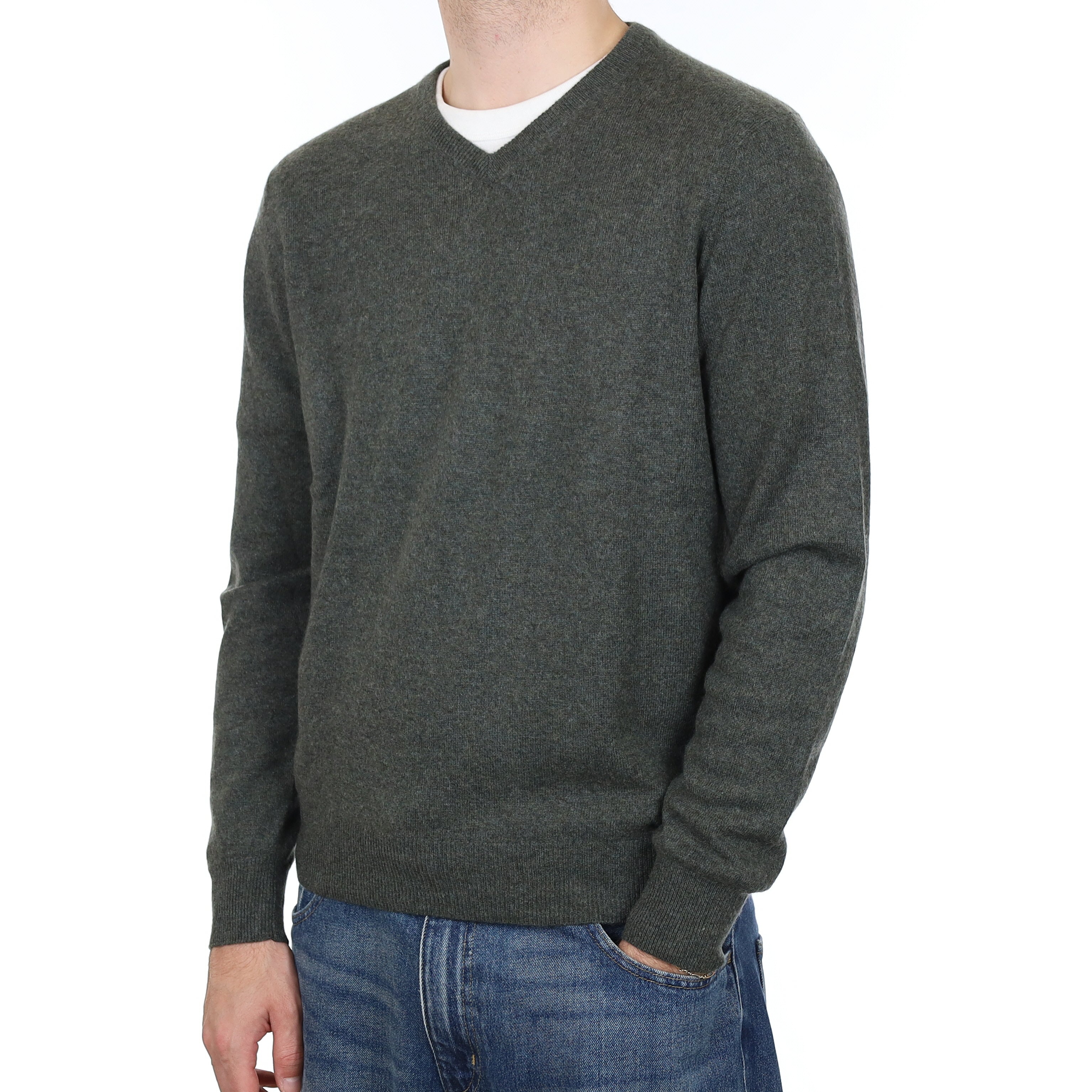 Men's Deep Khaki Marl Cashmere V Neck Jumper Large