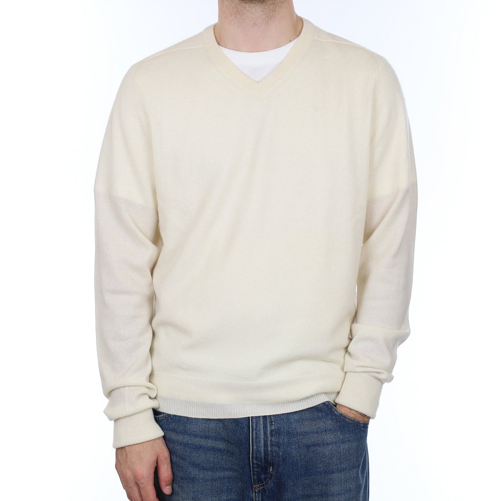 Men's Ivory Cashmere V Neck Jumper Large