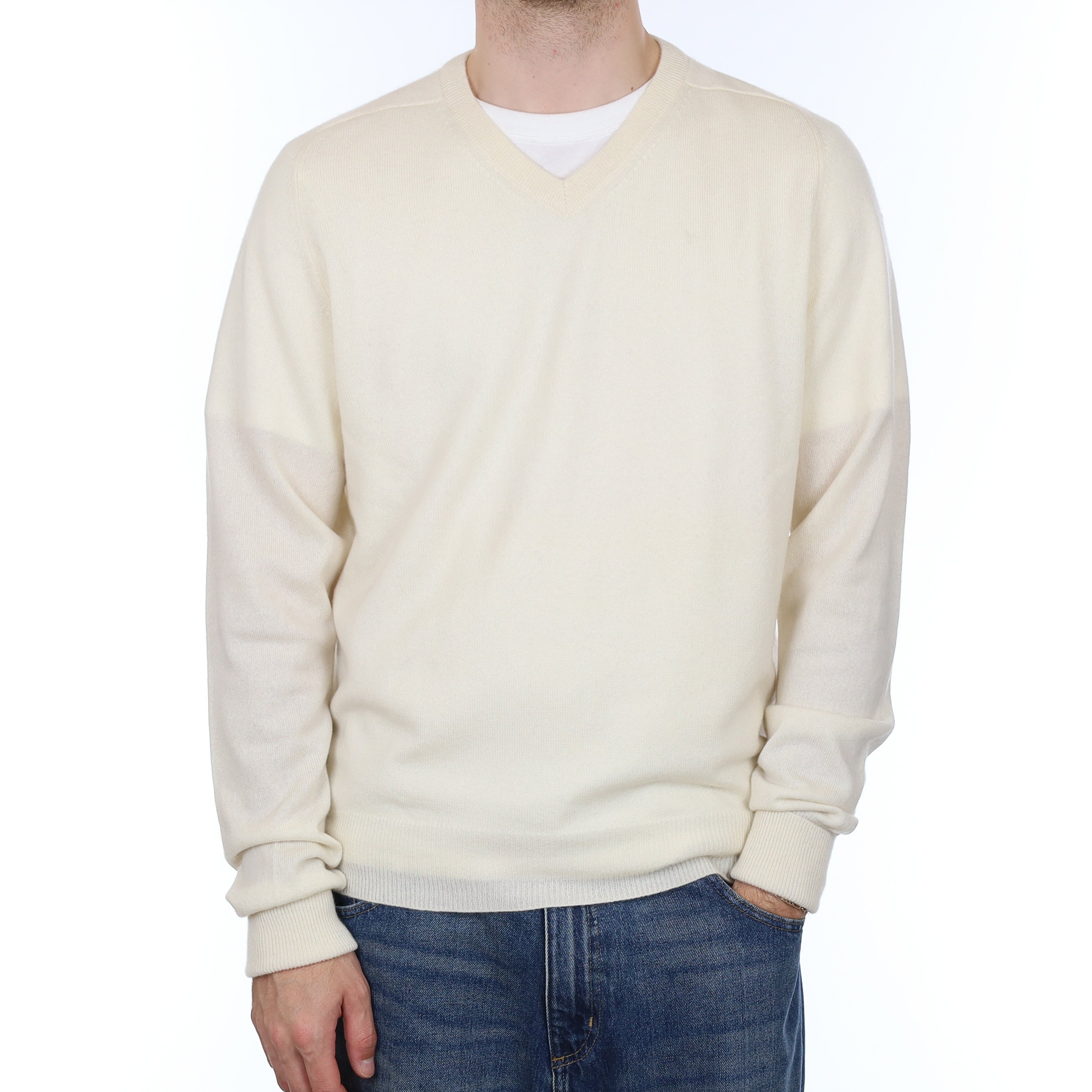 Men's Ivory Cashmere V Neck Jumper Large
