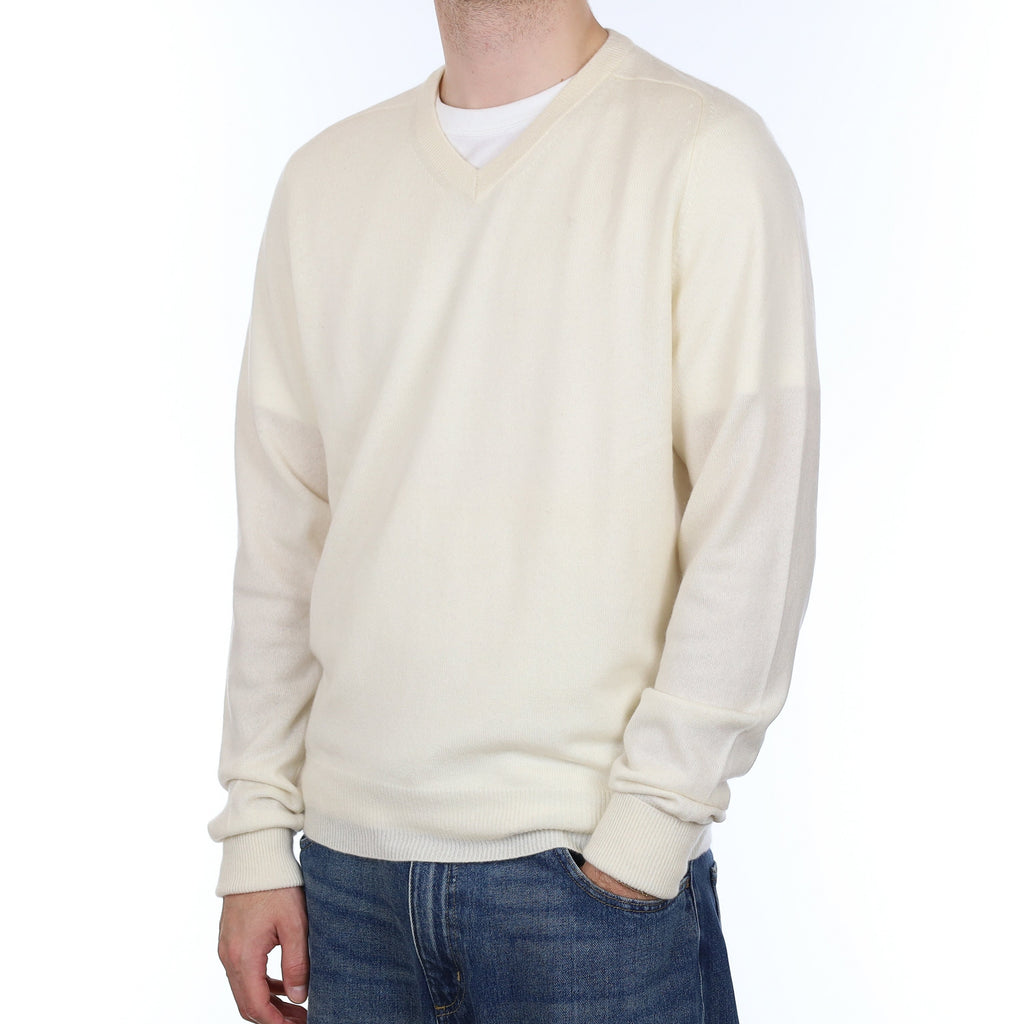 Men's Ivory Cashmere V Neck Jumper Large