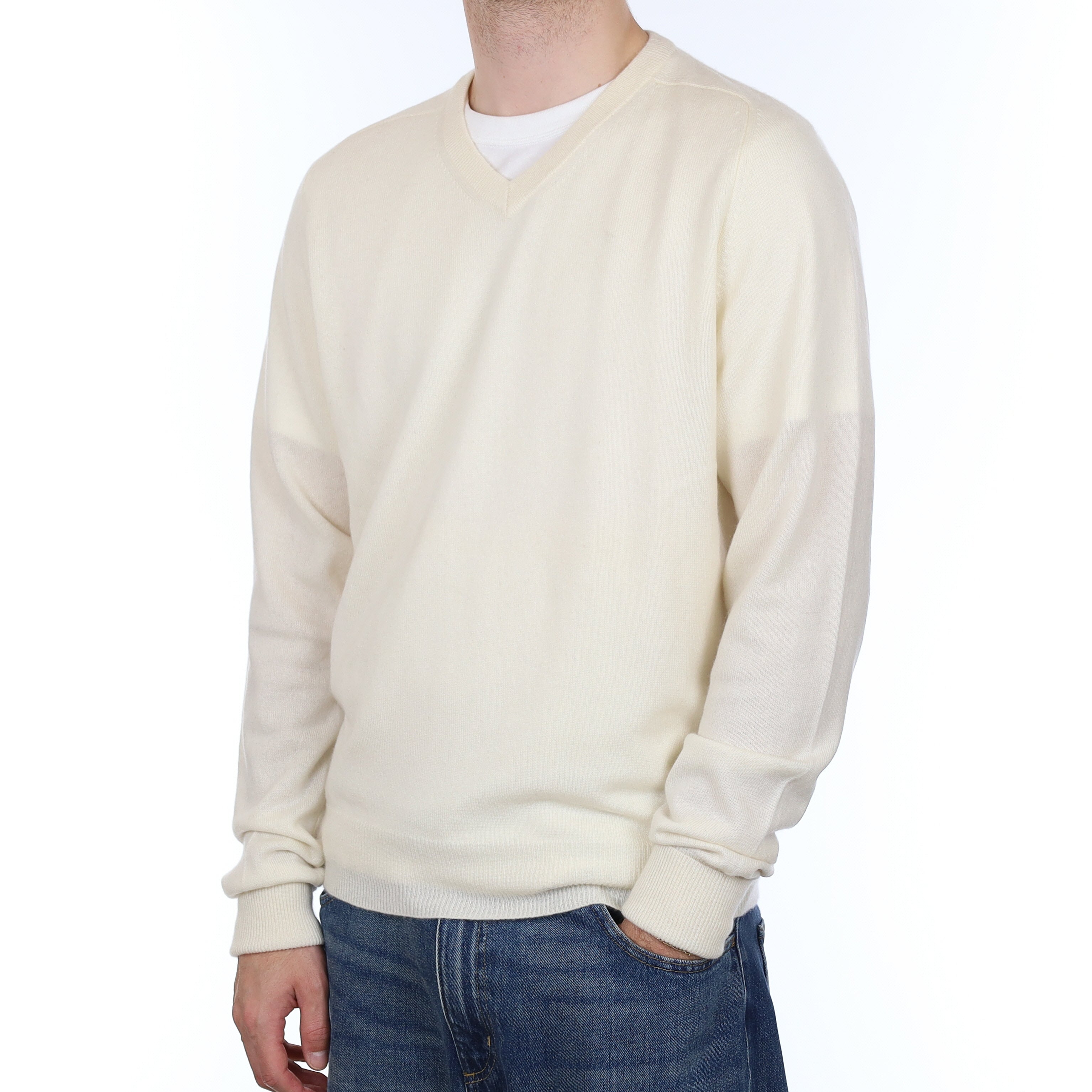 Men's Ivory Cashmere V Neck Jumper Large