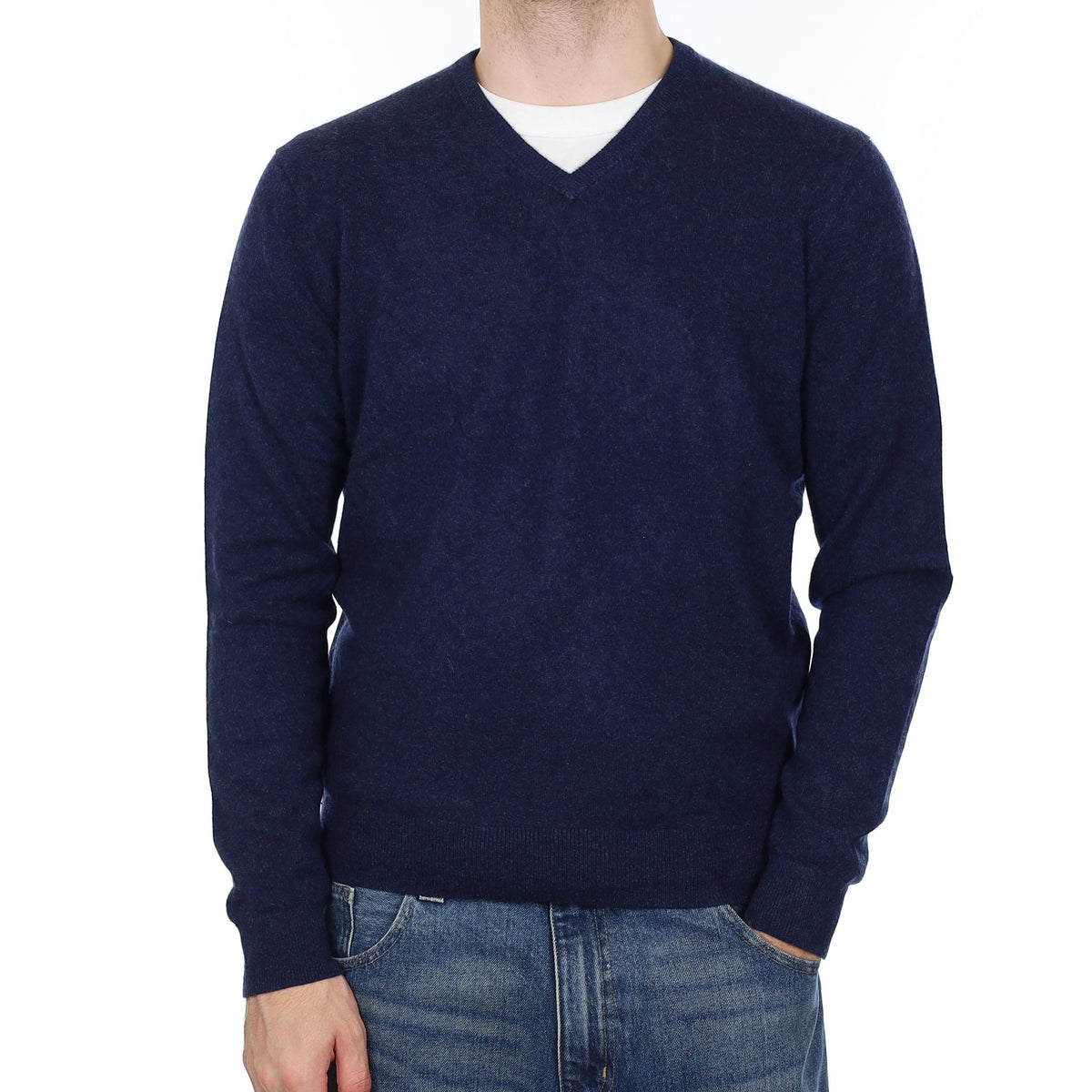 Men's Midnight Blue Cashmere V Neck Jumper Large
