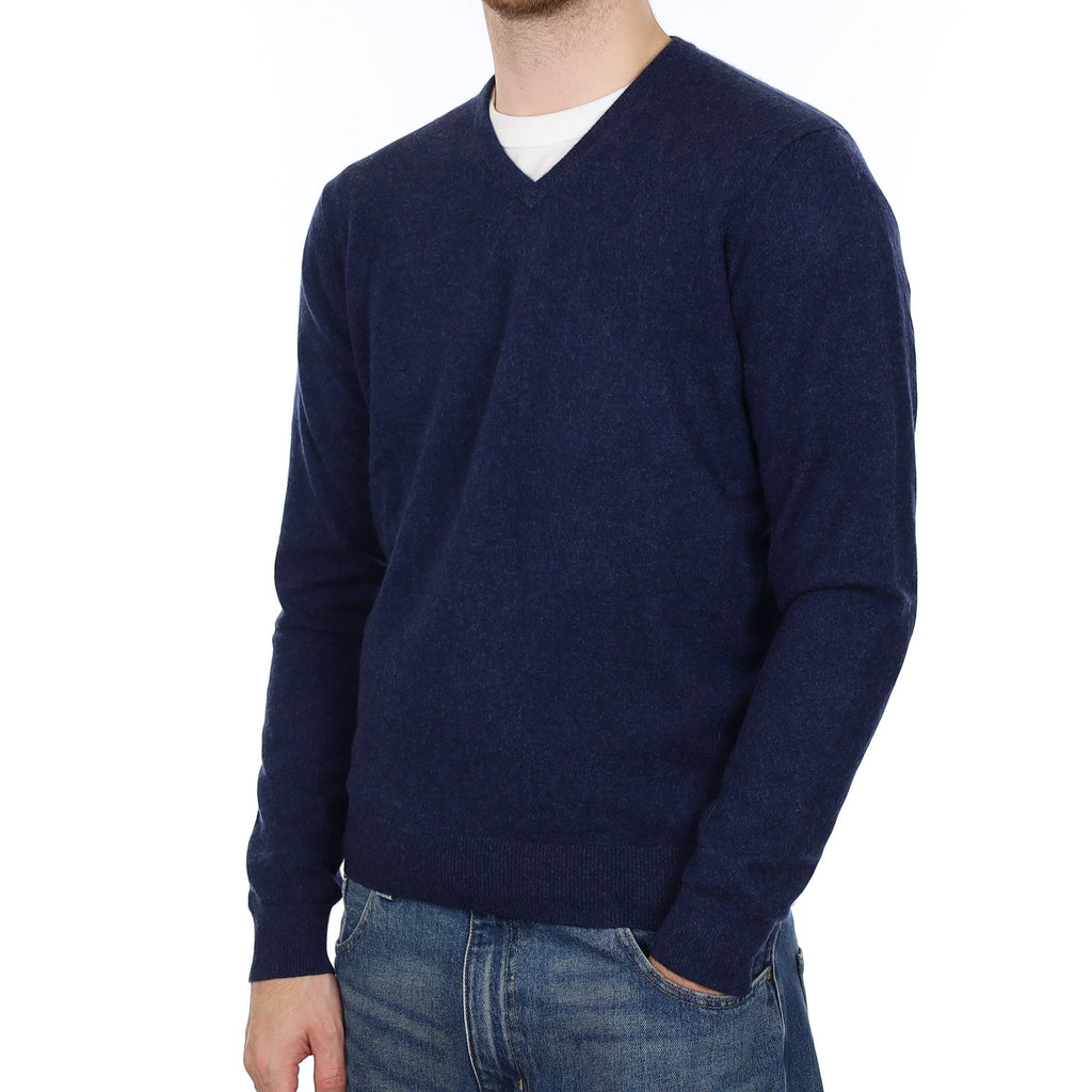 Men's Midnight Blue Cashmere V Neck Jumper Large
