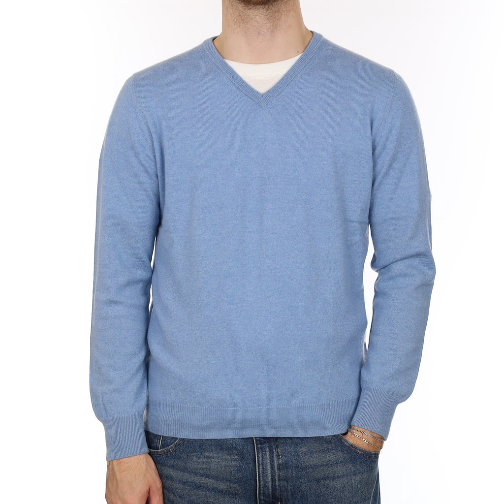 Men's Sky Blue Cashmere V Neck Jumper Large