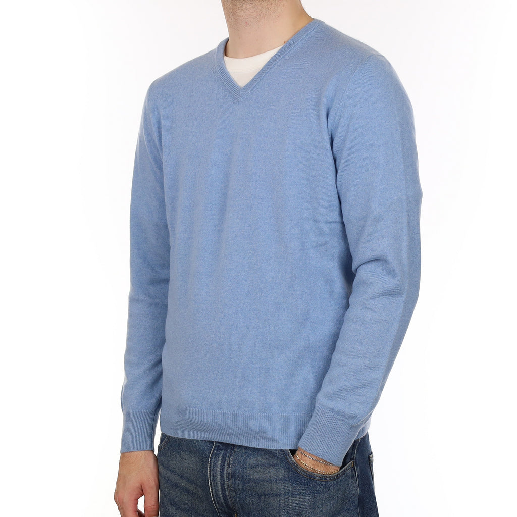 Men's Sky Blue Cashmere V Neck Jumper Large
