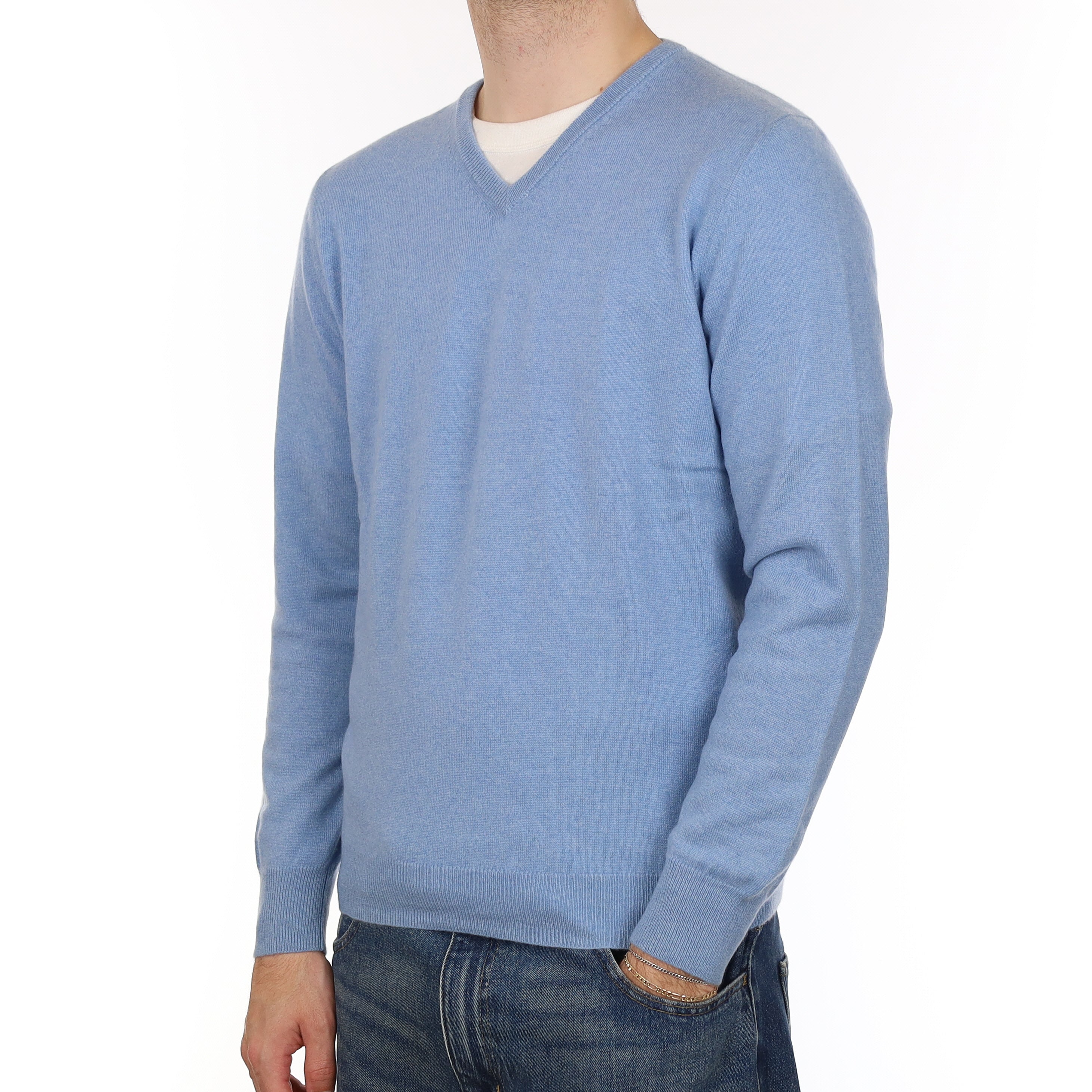 Men's Sky Blue Cashmere V Neck Jumper Large