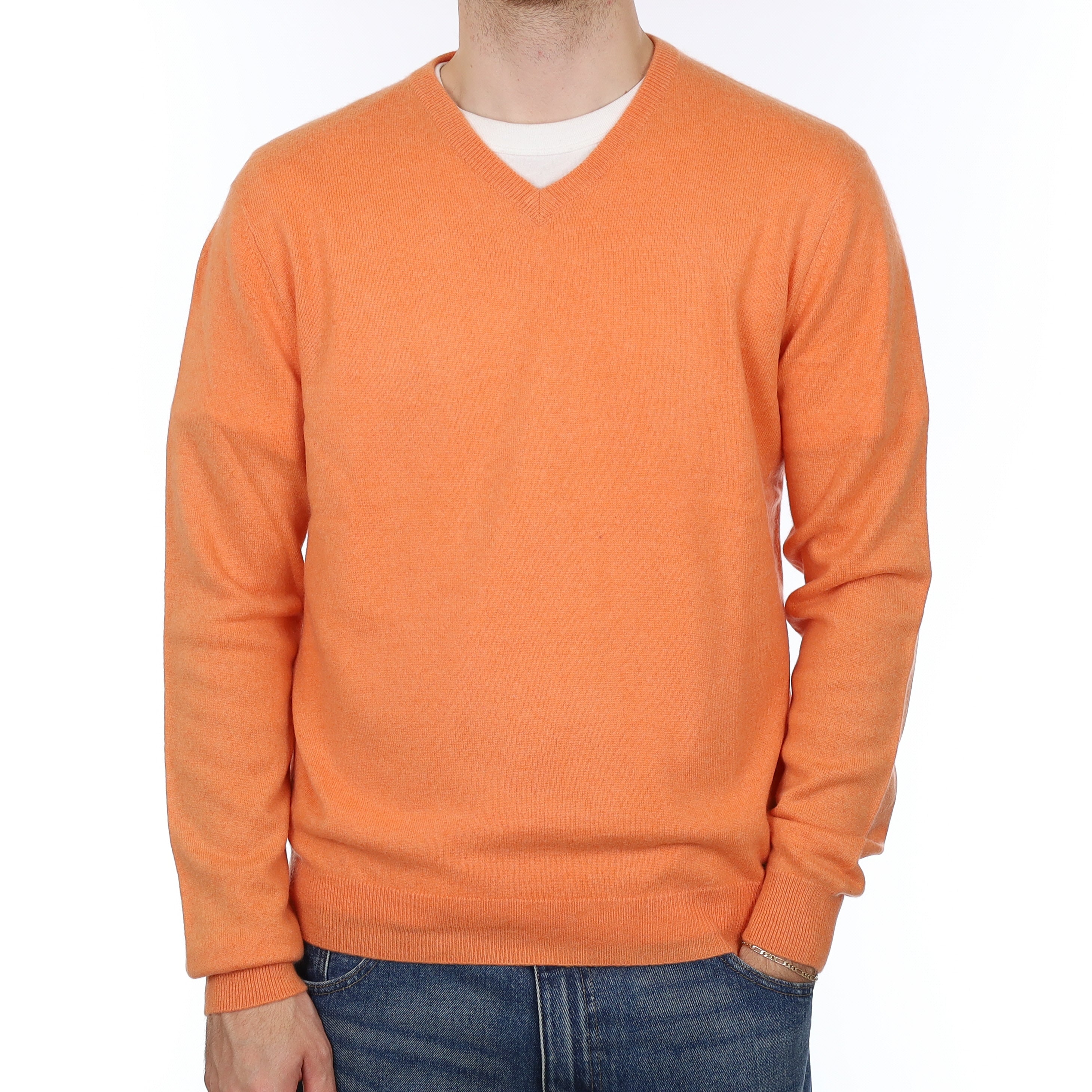 Men's Coral Orange Cashmere V Neck Jumper Large