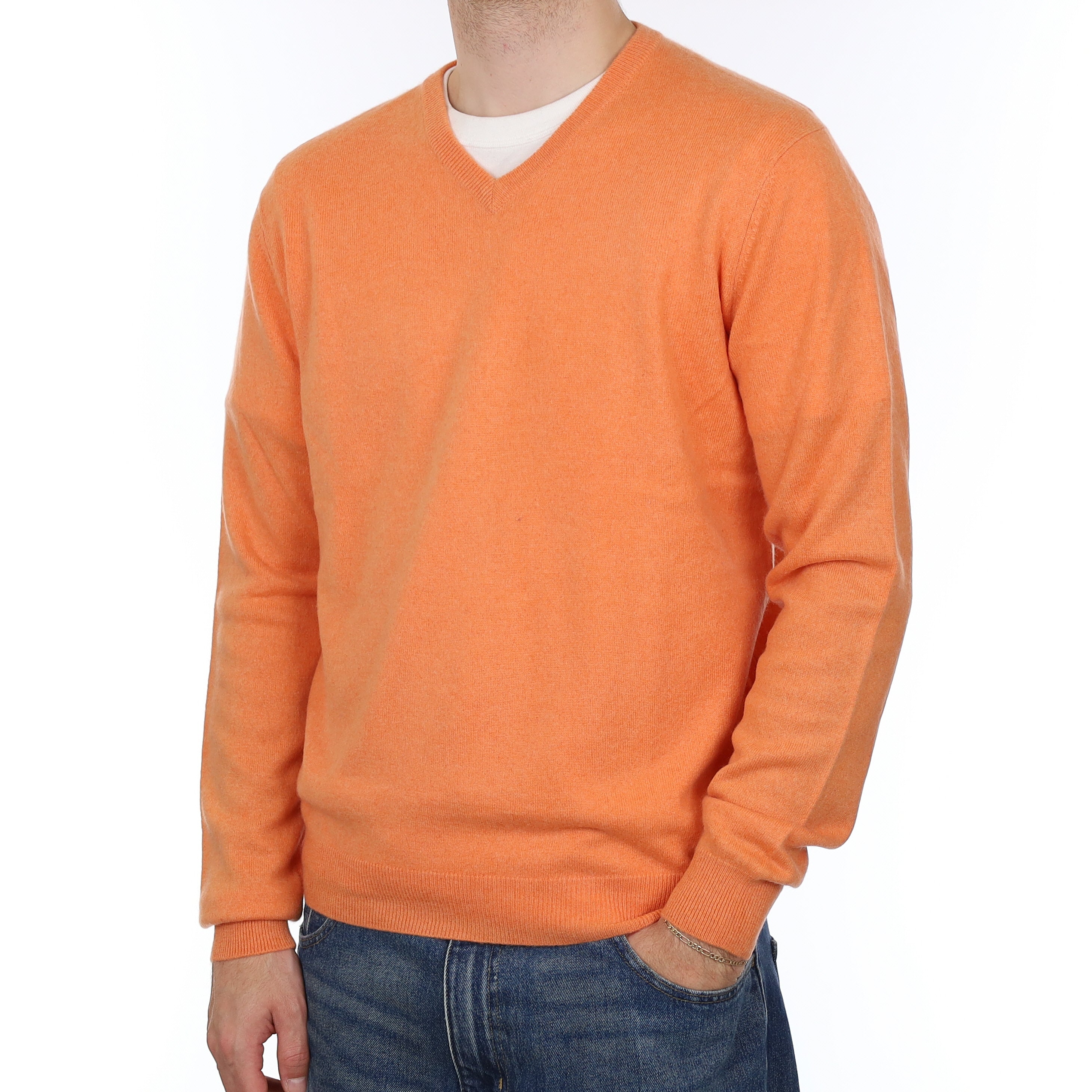 Men's Coral Orange Cashmere V Neck Jumper Large