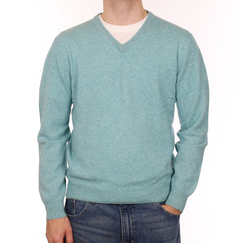 Men's Aqua Green Marl Cashmere V Neck Jumper Large