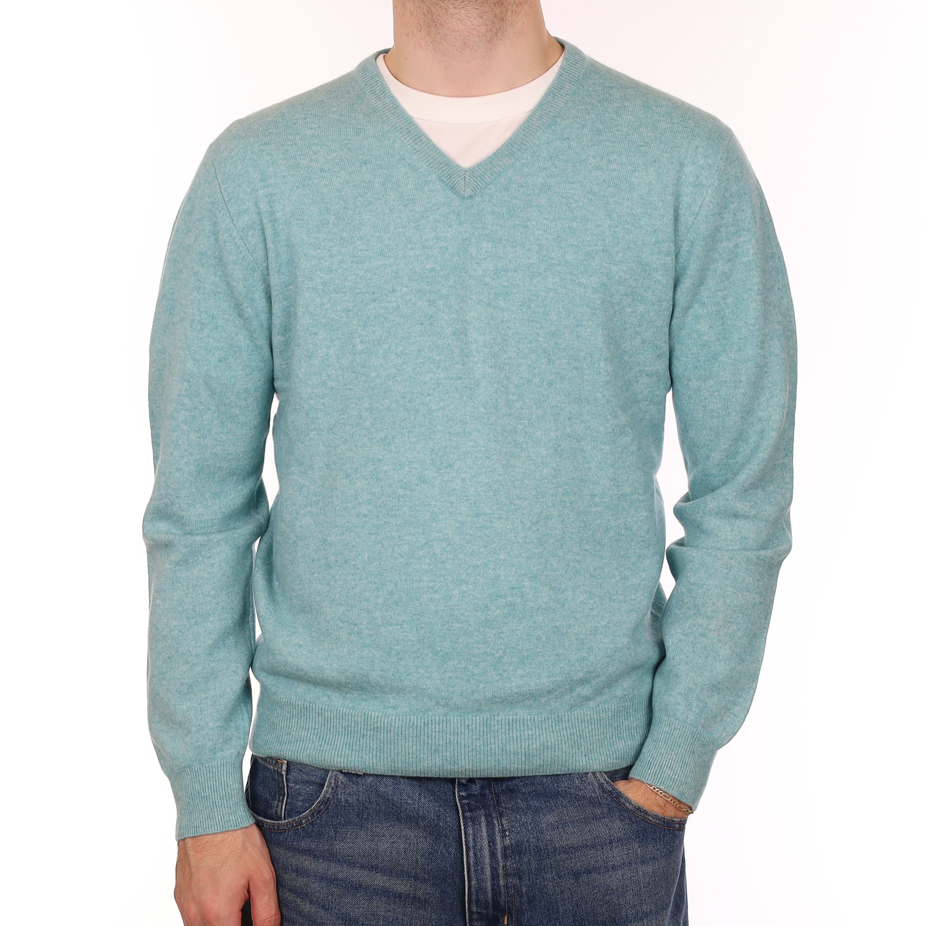 Men's Aqua Green Marl Cashmere V Neck Jumper Large
