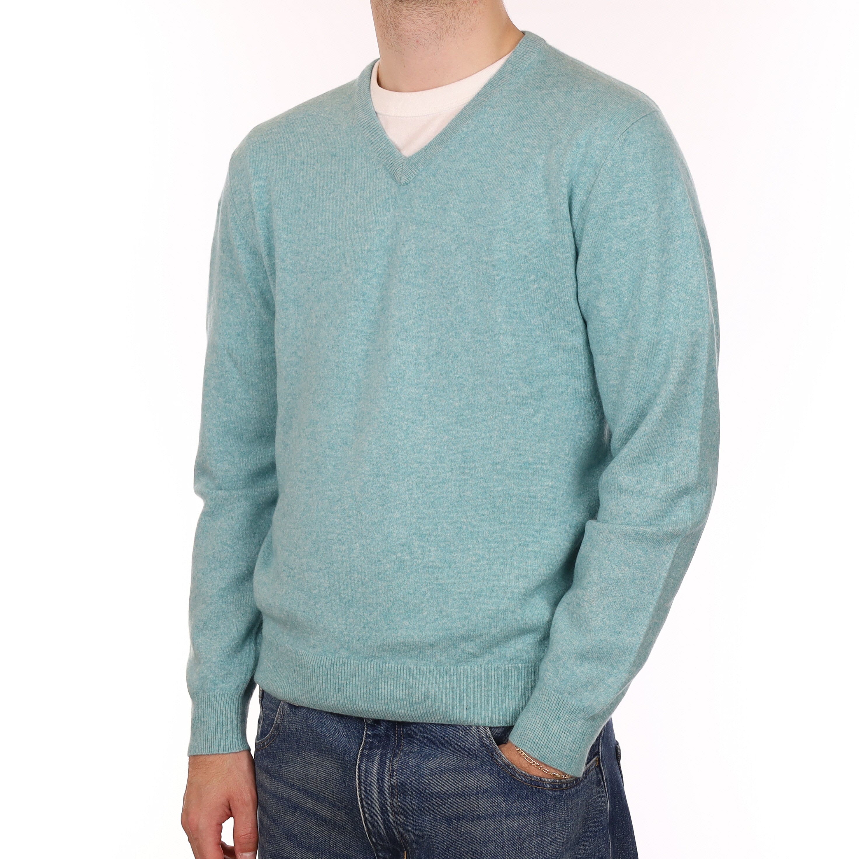 Men's Aqua Green Marl Cashmere V Neck Jumper Large