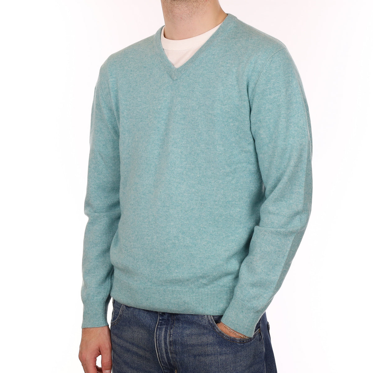 Men's Aqua Green Marl Cashmere V Neck Jumper Large