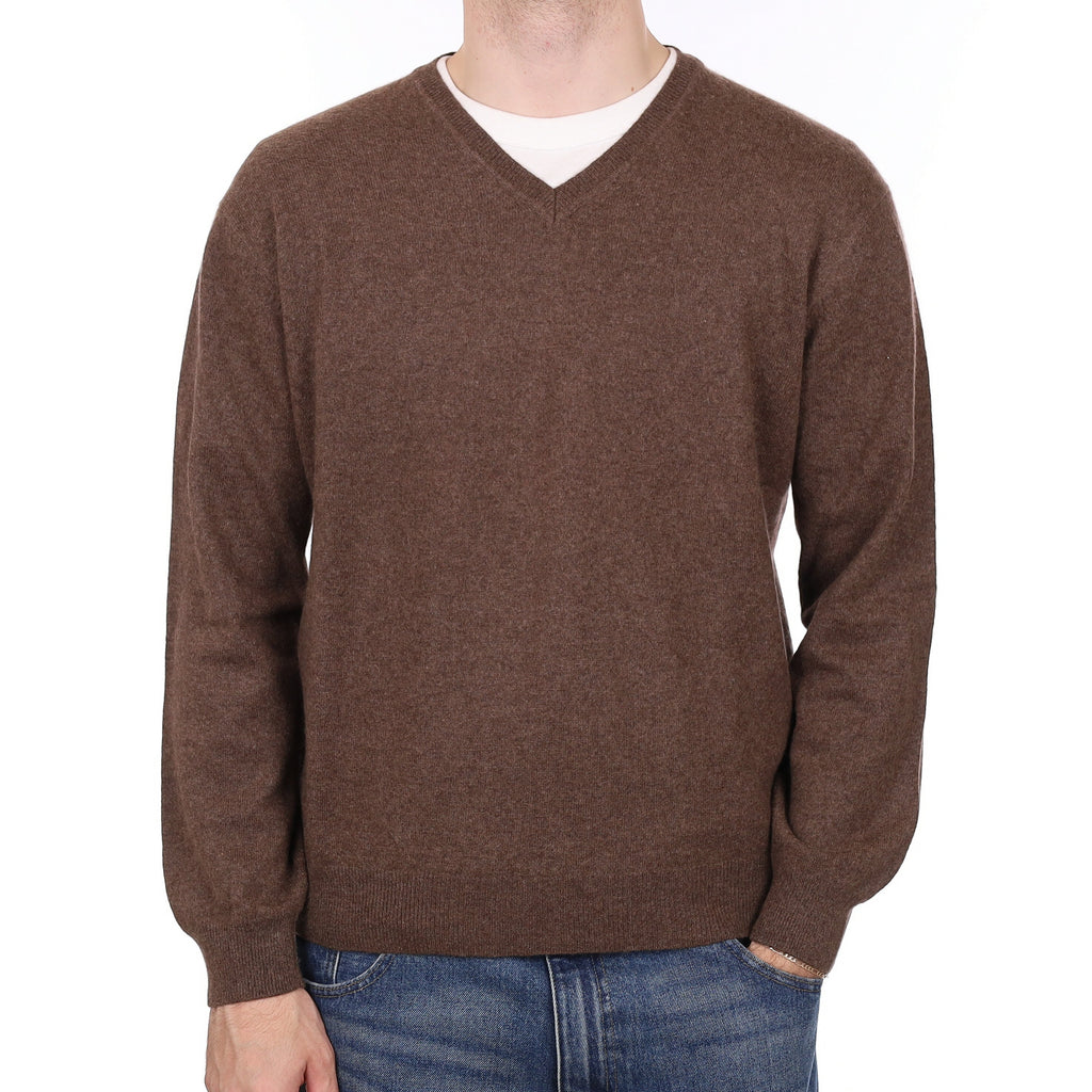 Men's Mole Brown Cashmere V Neck Jumper Large