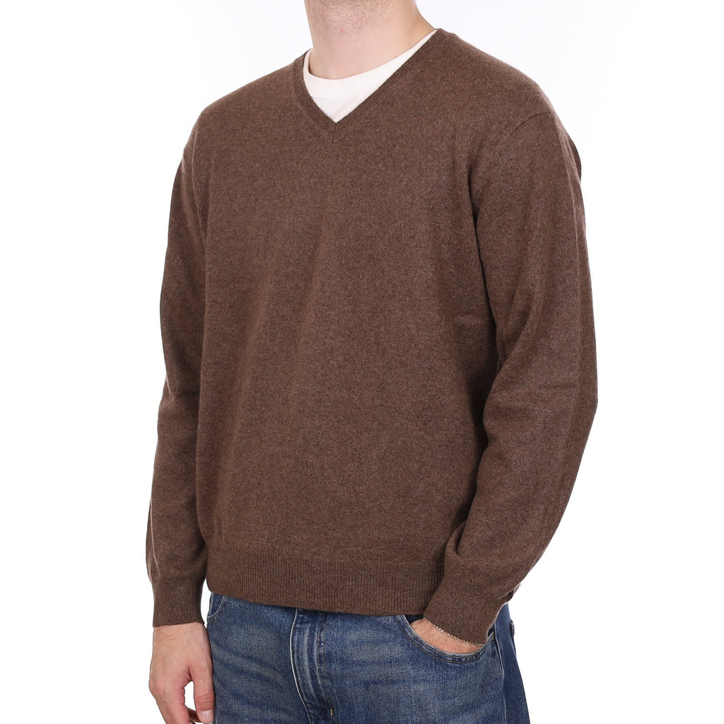 Men's Mole Brown Cashmere V Neck Jumper Large