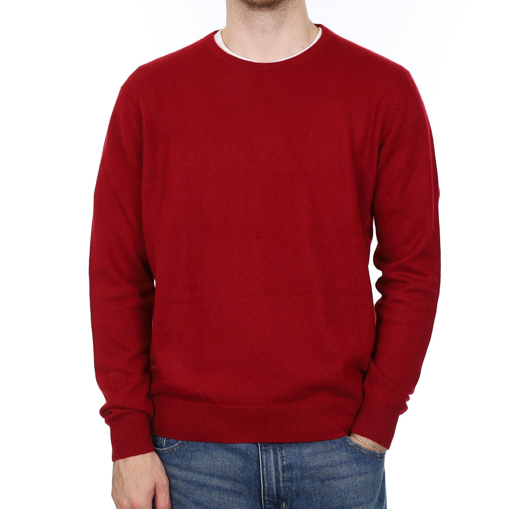 Men's Crimson Red Heavy Knit Cashmere Crew Neck Jumper Large
