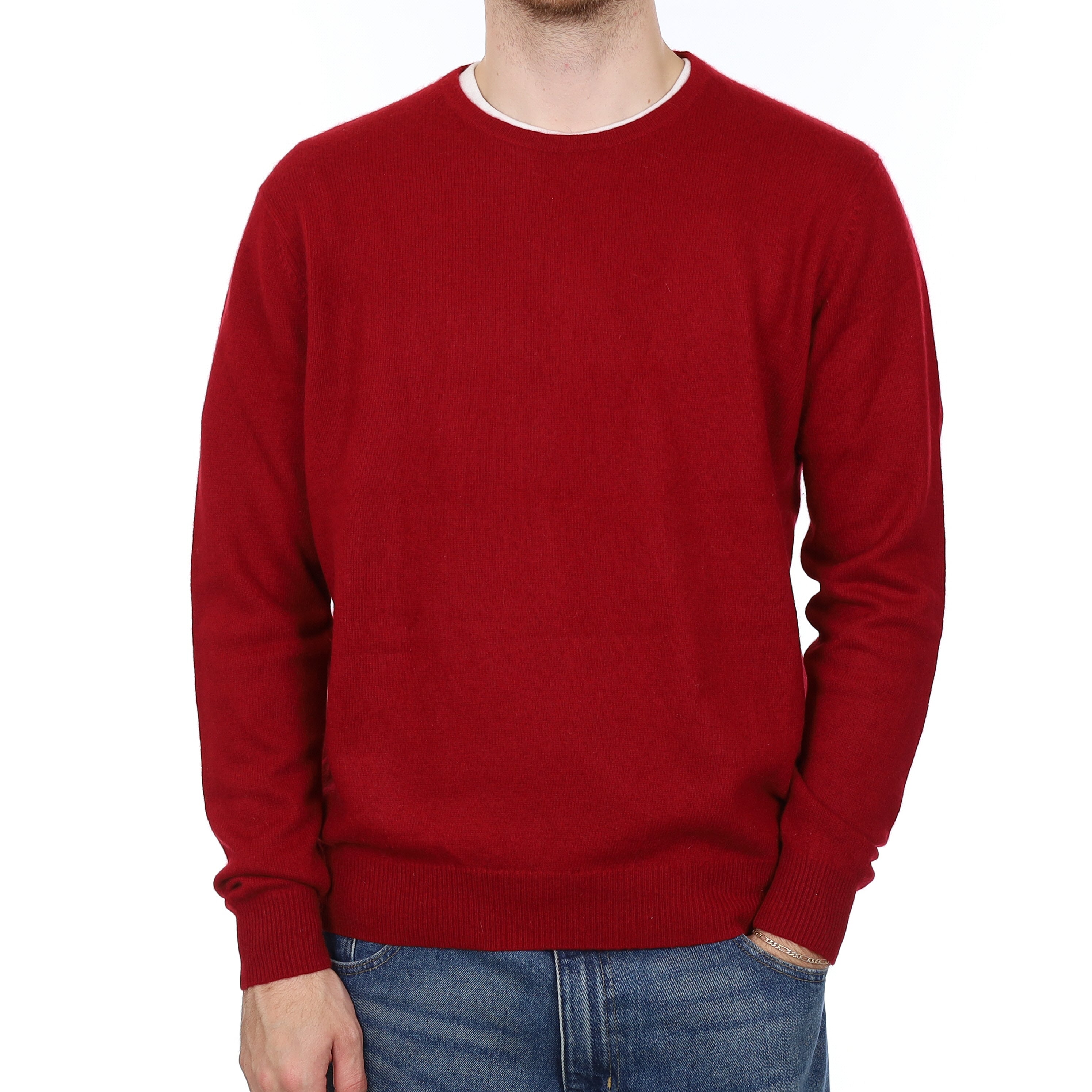 Men's Crimson Red Heavy Knit Cashmere Crew Neck Jumper Large