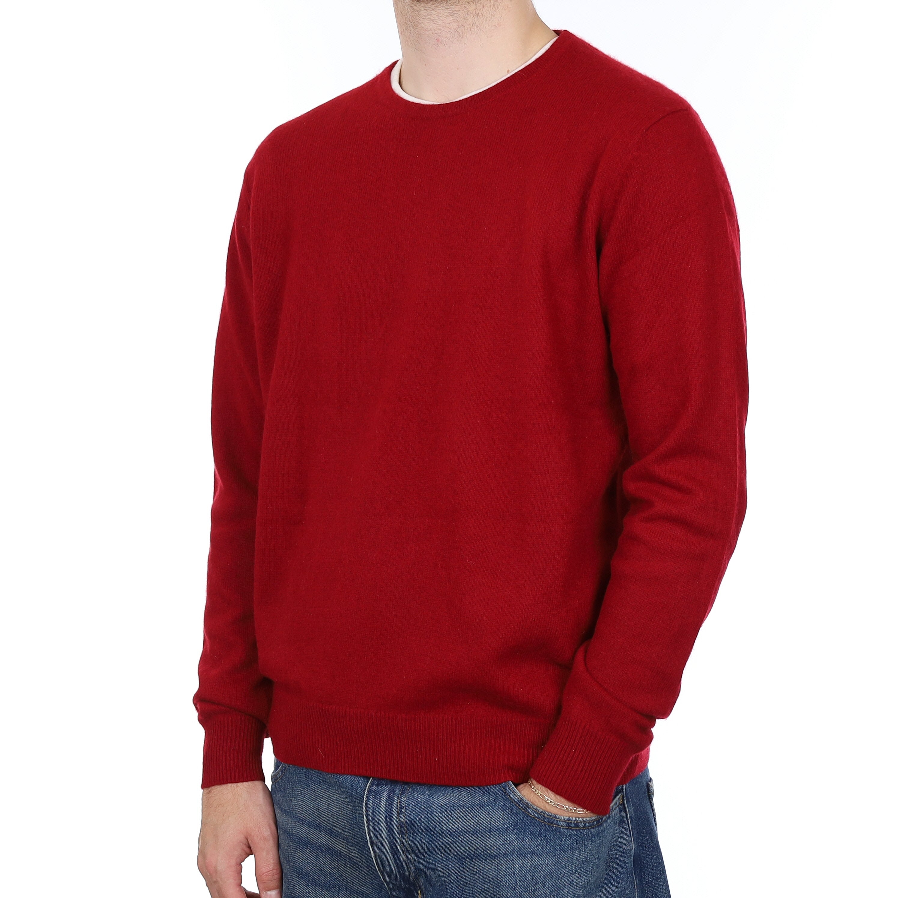 Men's Crimson Red Heavy Knit Cashmere Crew Neck Jumper Large