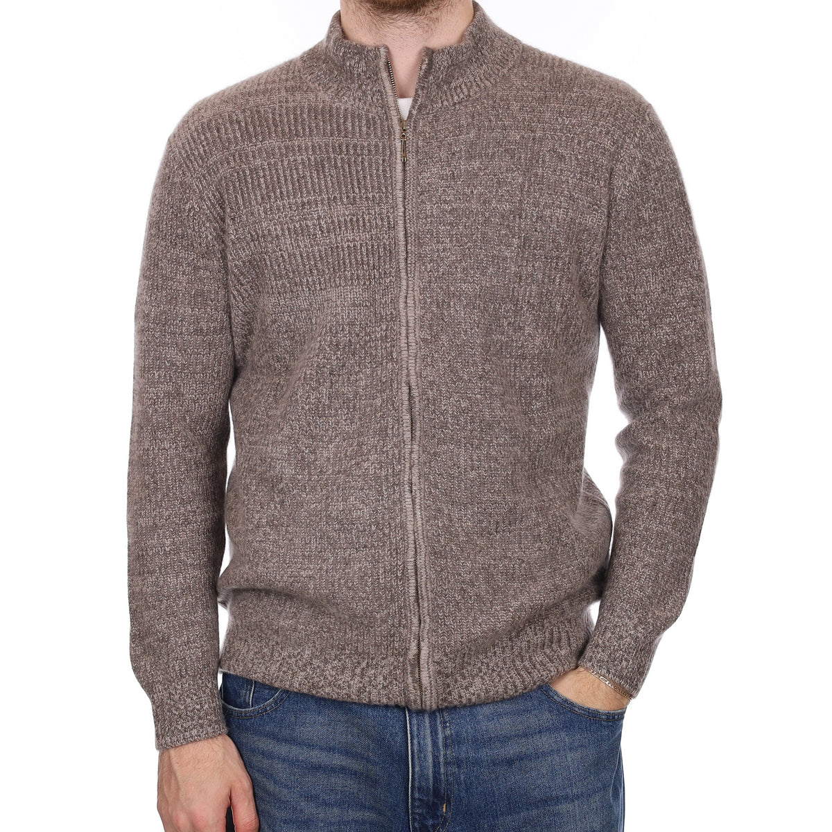 Men's Mocha Marl Chunky Cashmere Zip Up Cardigan Large
