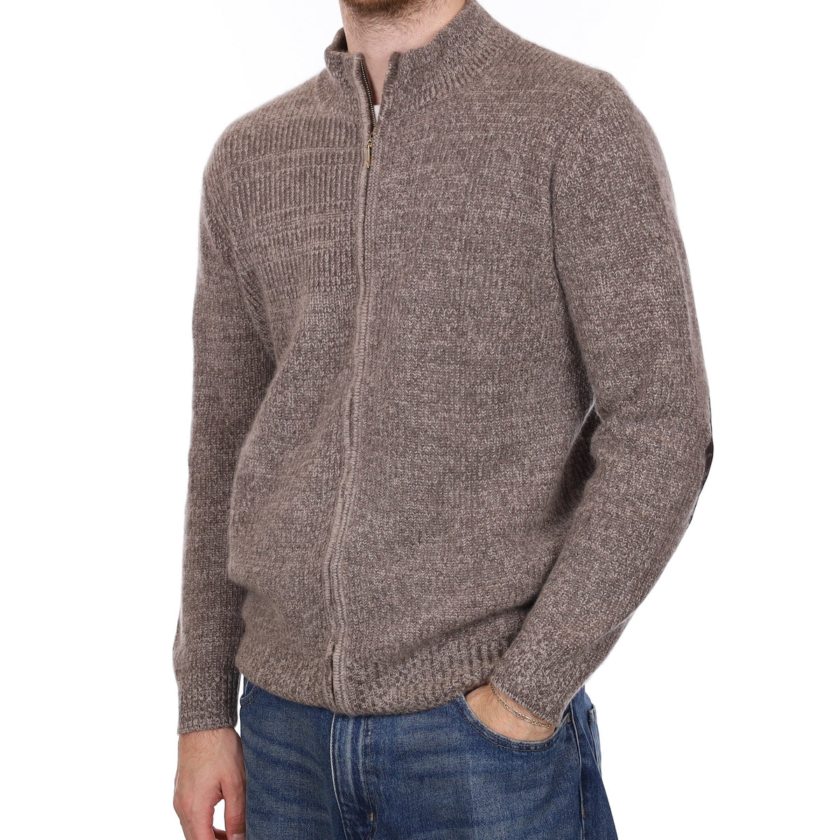 Men's Mocha Marl Chunky Cashmere Zip Up Cardigan Large