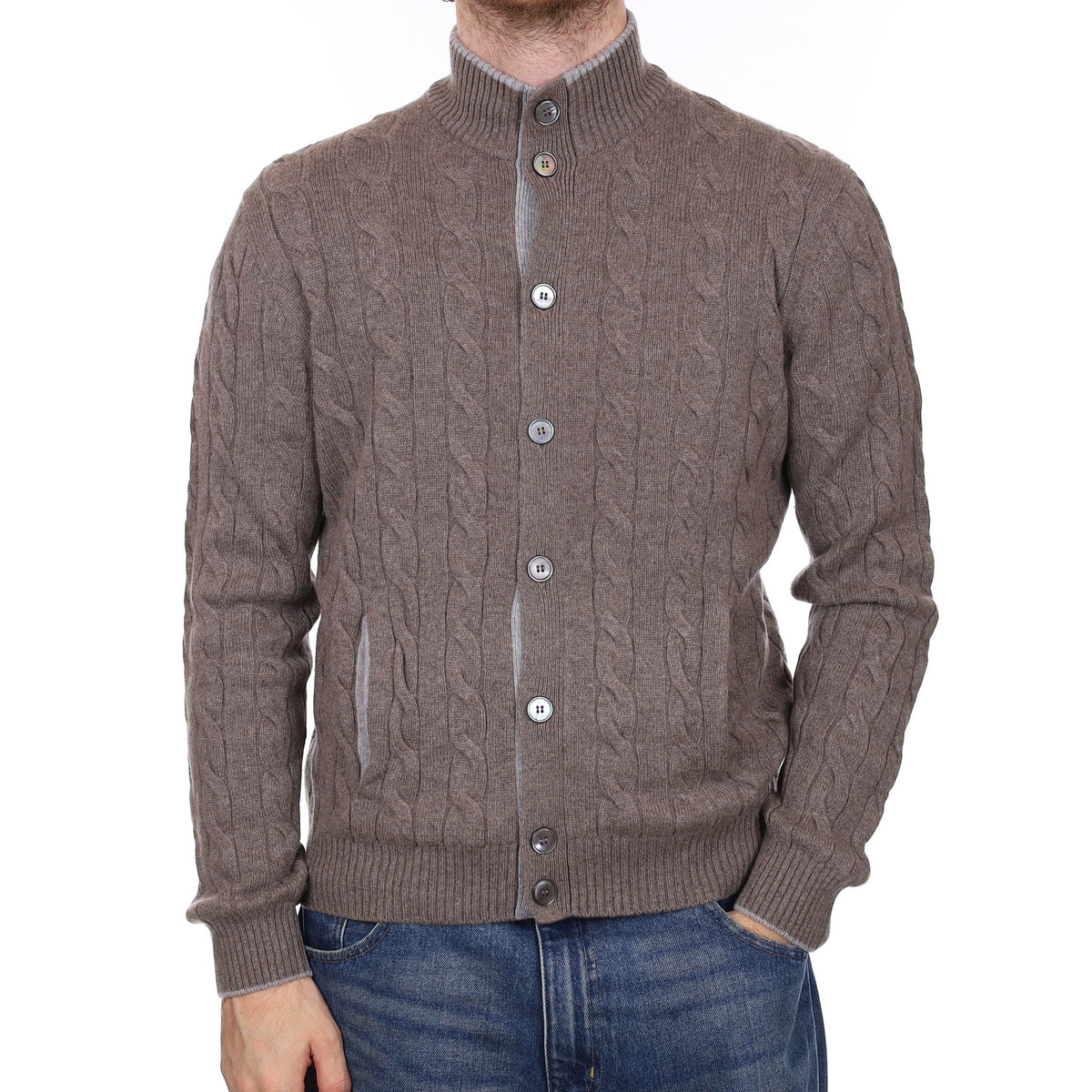 Men's Boggi Mink Cable Cashmere Turtle Neck Cardigan Large