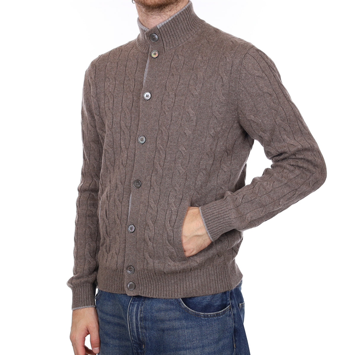 Men's Boggi Mink Cable Cashmere Turtle Neck Cardigan Large