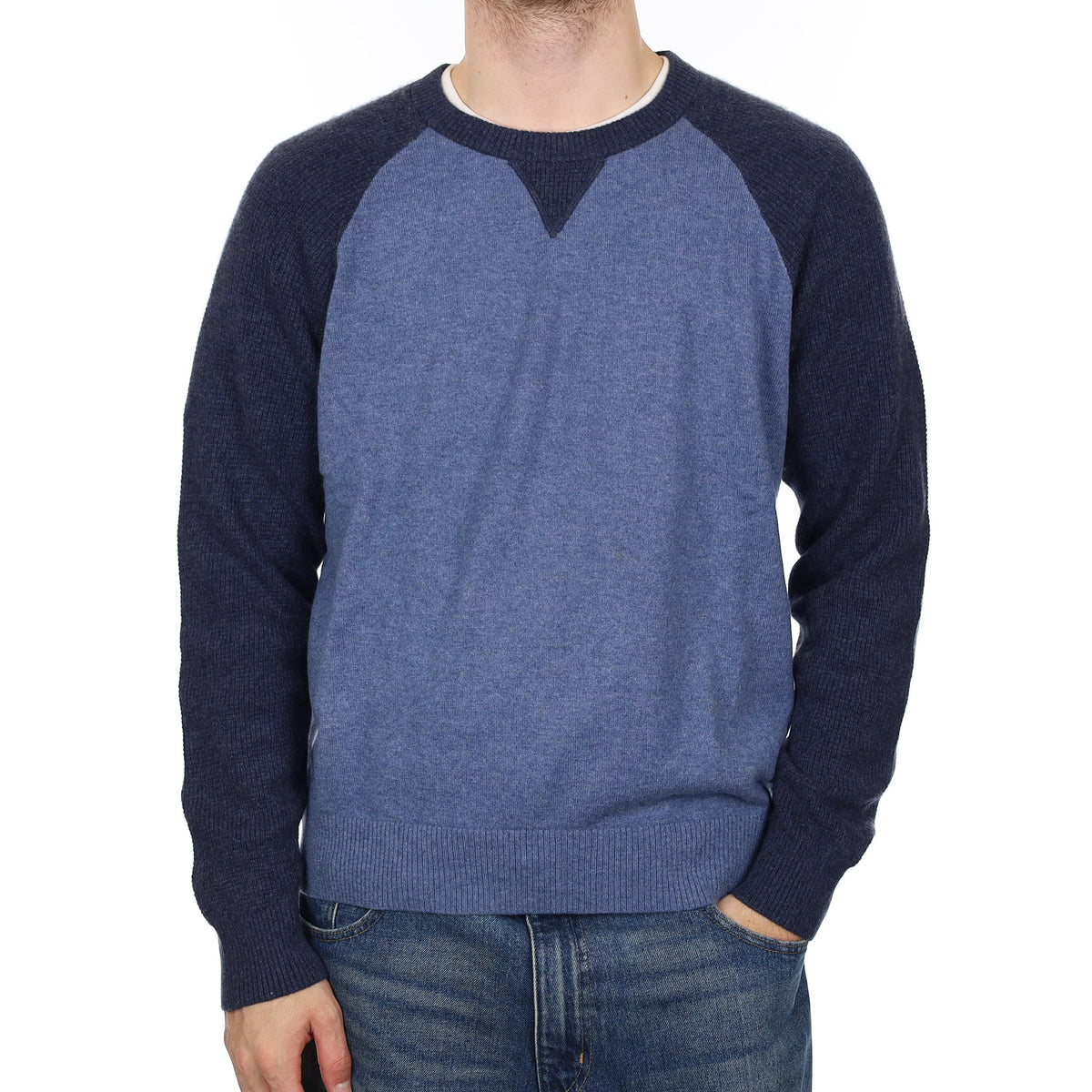 Men's Two Tone Blue Cashmere Crew Neck Jumper Large