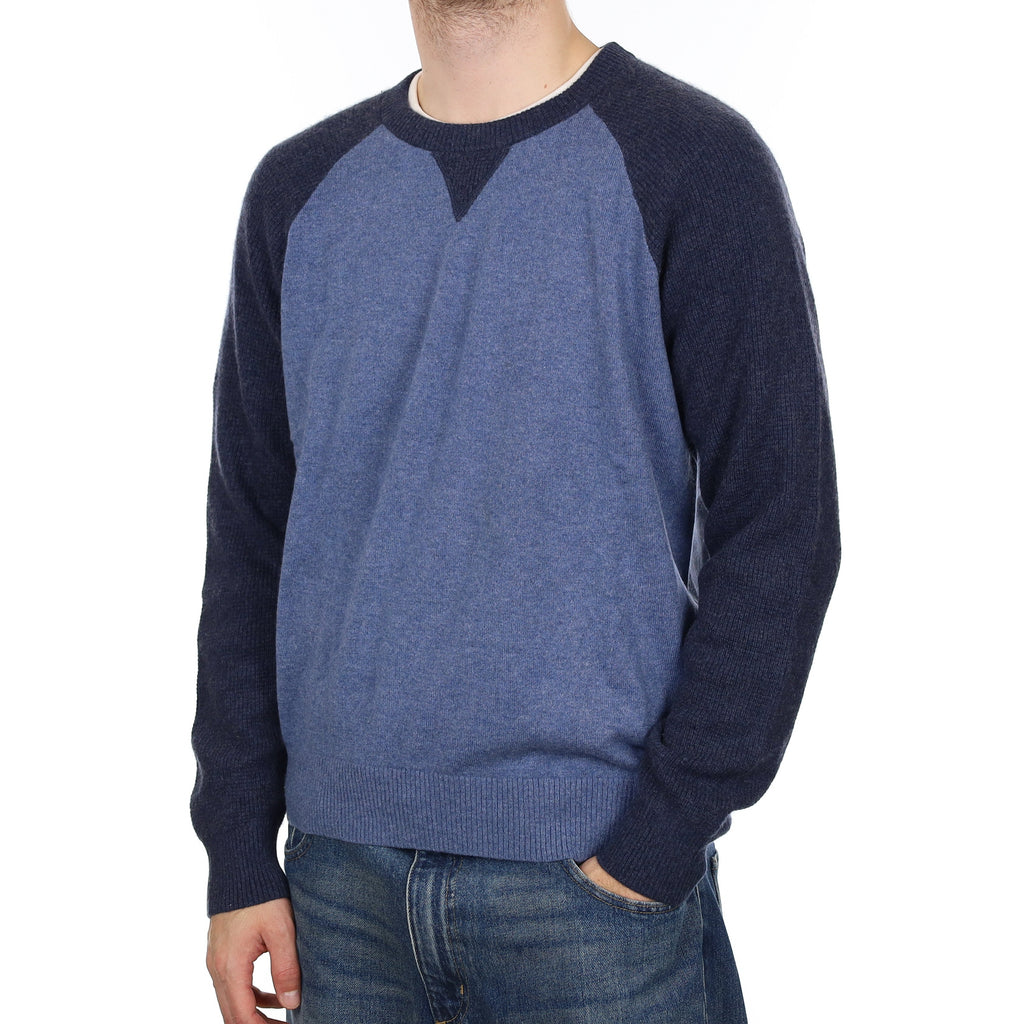 Men's Two Tone Blue Cashmere Crew Neck Jumper Large