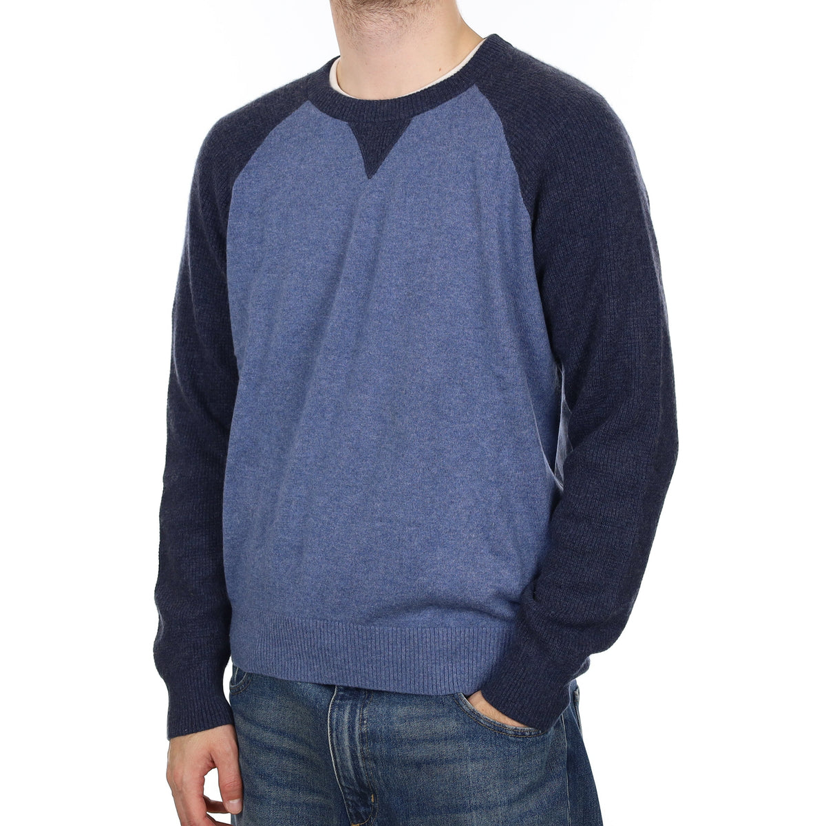 Men's Two Tone Blue Cashmere Crew Neck Jumper Large