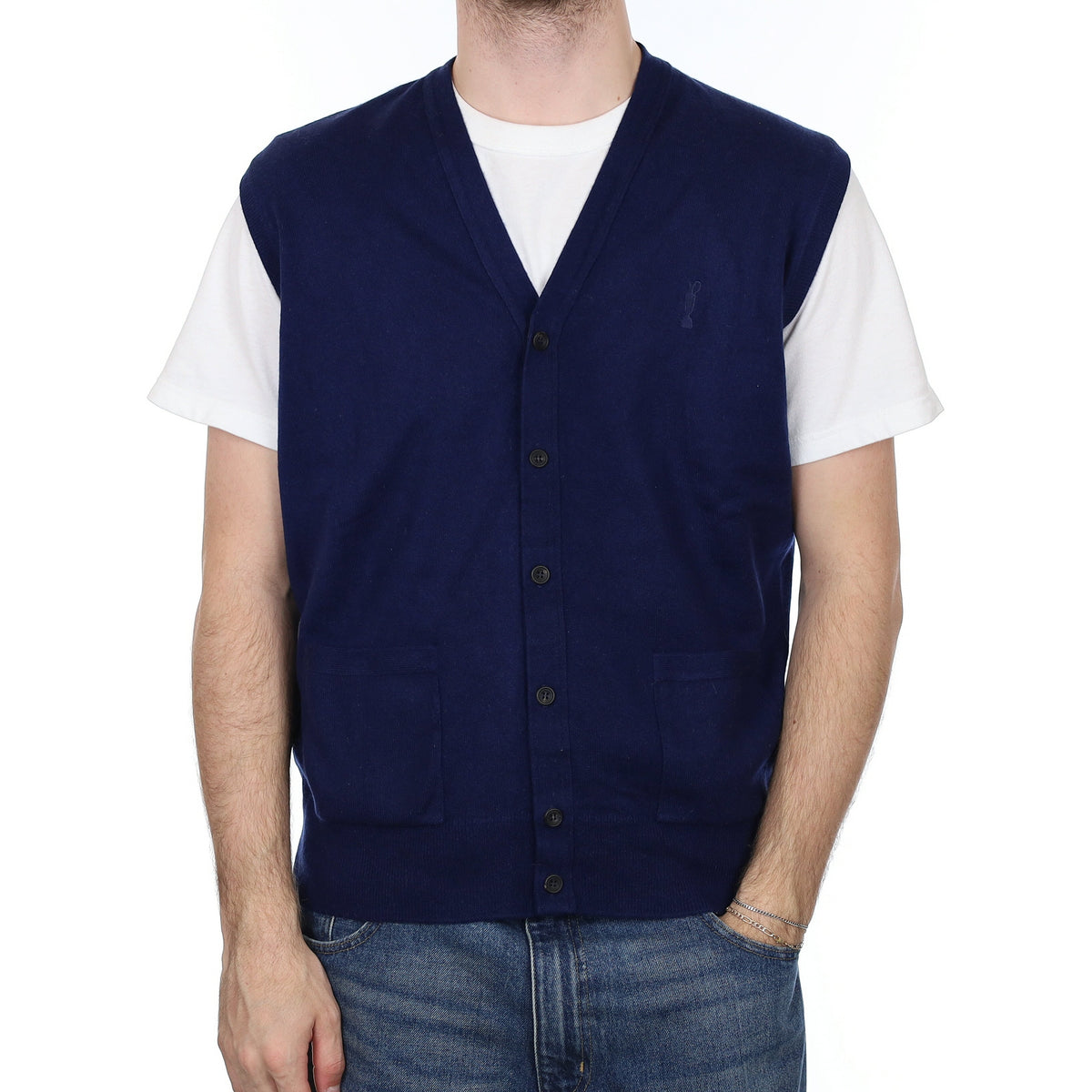 Men's Rolex French Navy Cashmere V Neck Waistcoat with Pockets Large