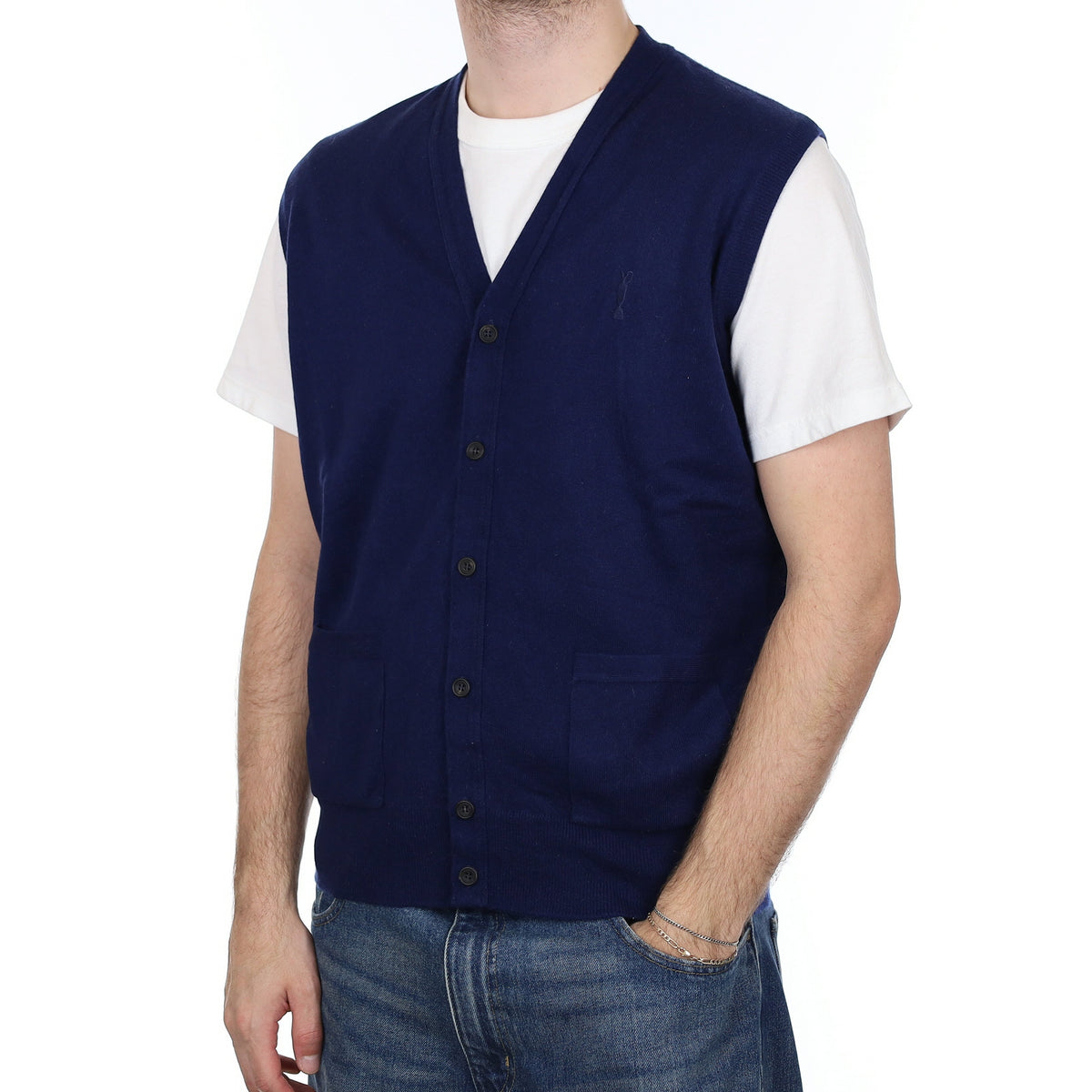 Men's Rolex French Navy Cashmere V Neck Waistcoat with Pockets Large