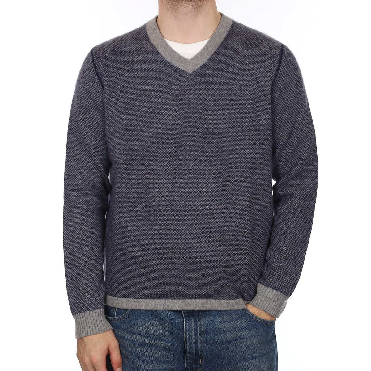 Men's Grey and Navy Patterned Cashmere V Neck Jumper Large