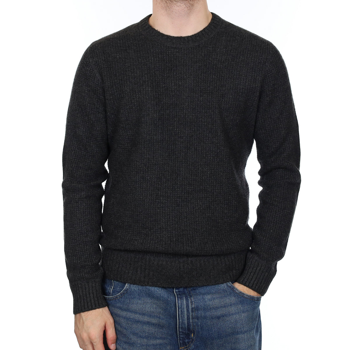 Men's Vince Charcoal Grey Waffle Cashmere Crew Neck Jumper Large
