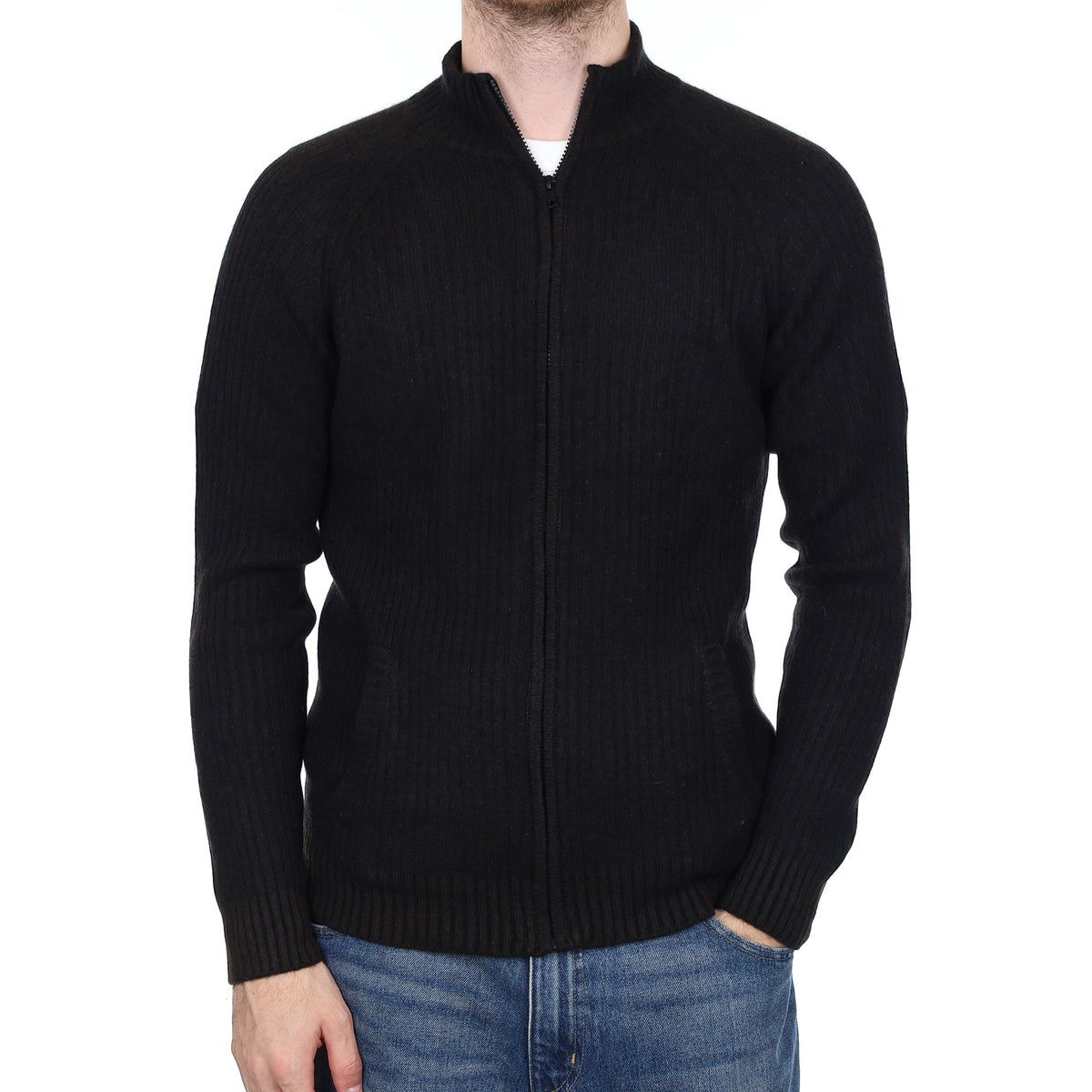 Men's Black and Brown Rib Cashmere Zip Up Cardigan Medium