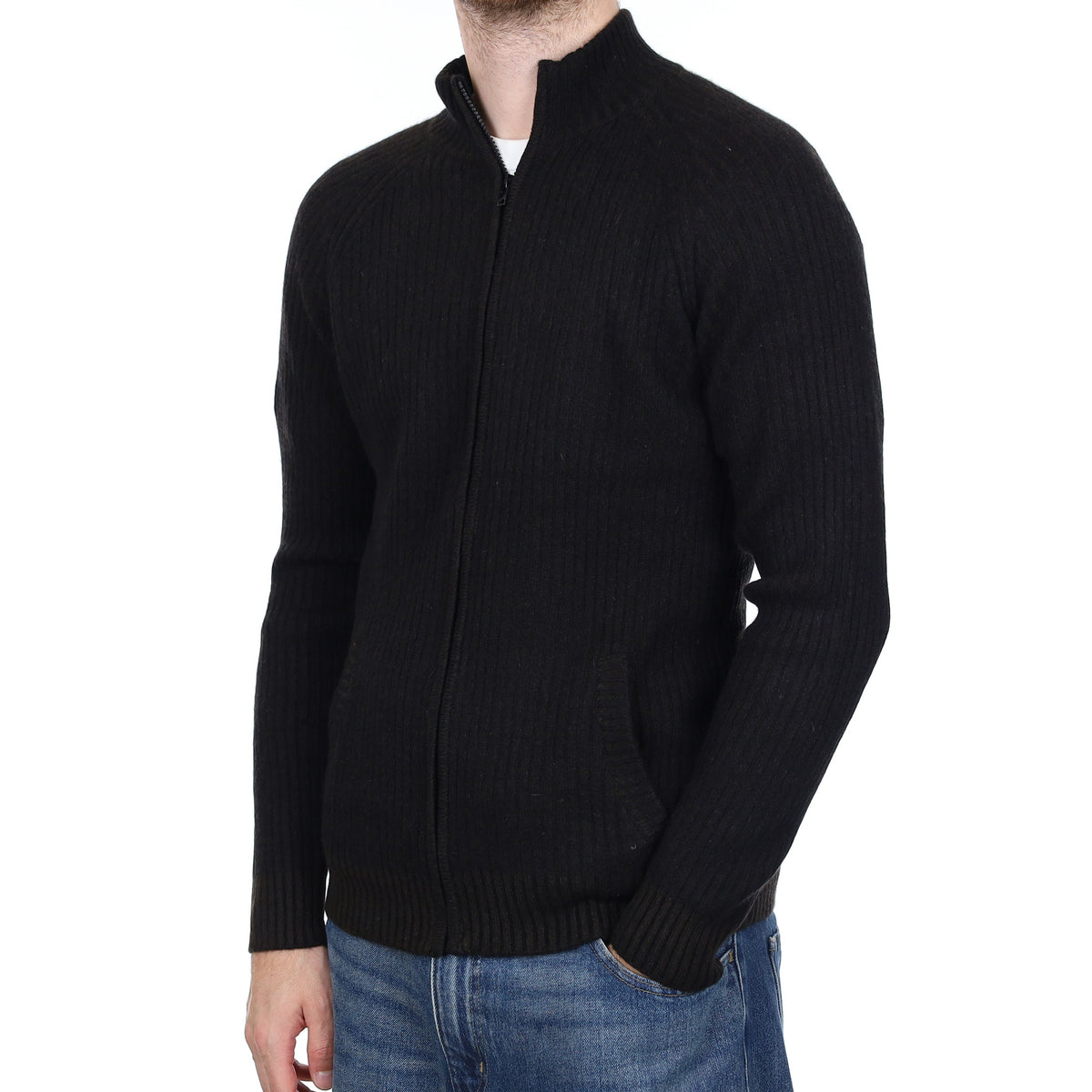Men's Black and Brown Rib Cashmere Zip Up Cardigan Medium