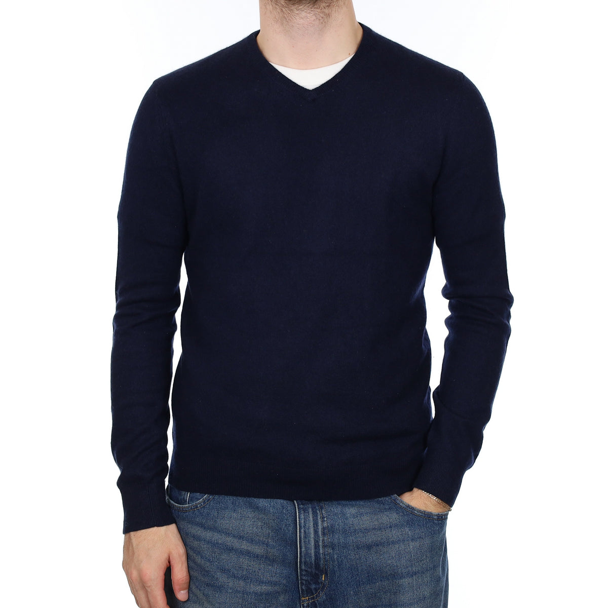 Men's Dark Navy Cashmere V Neck Jumper Medium