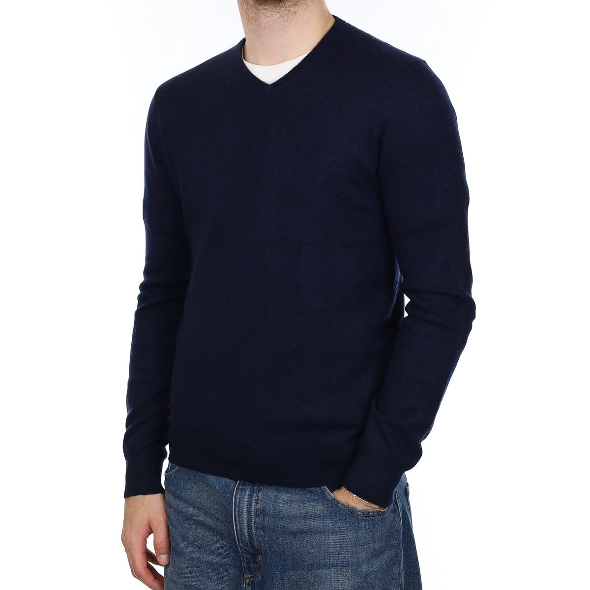 Men's Dark Navy Cashmere V Neck Jumper Medium