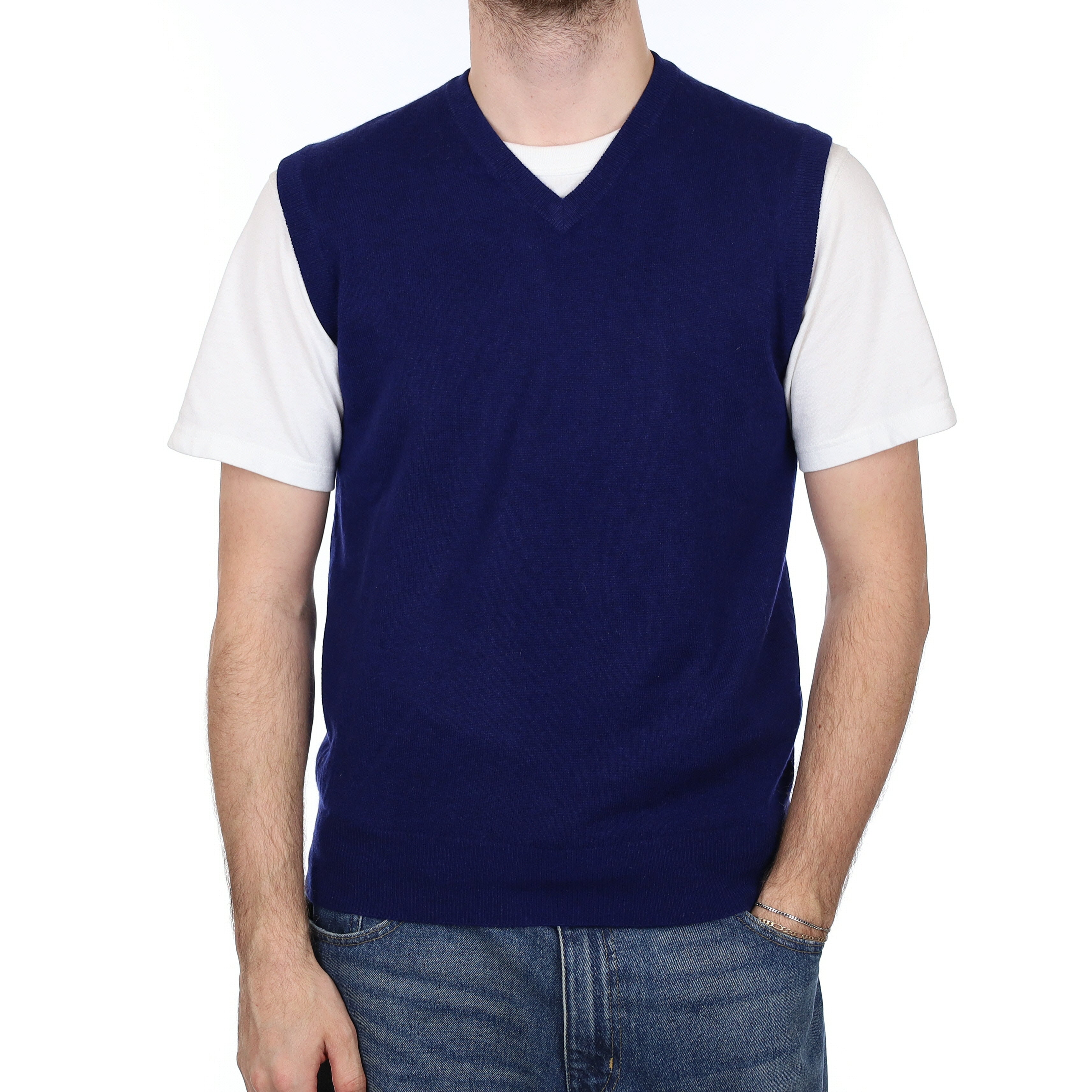 Men's Indigo Blue Cashmere V Neck Tank Top Medium