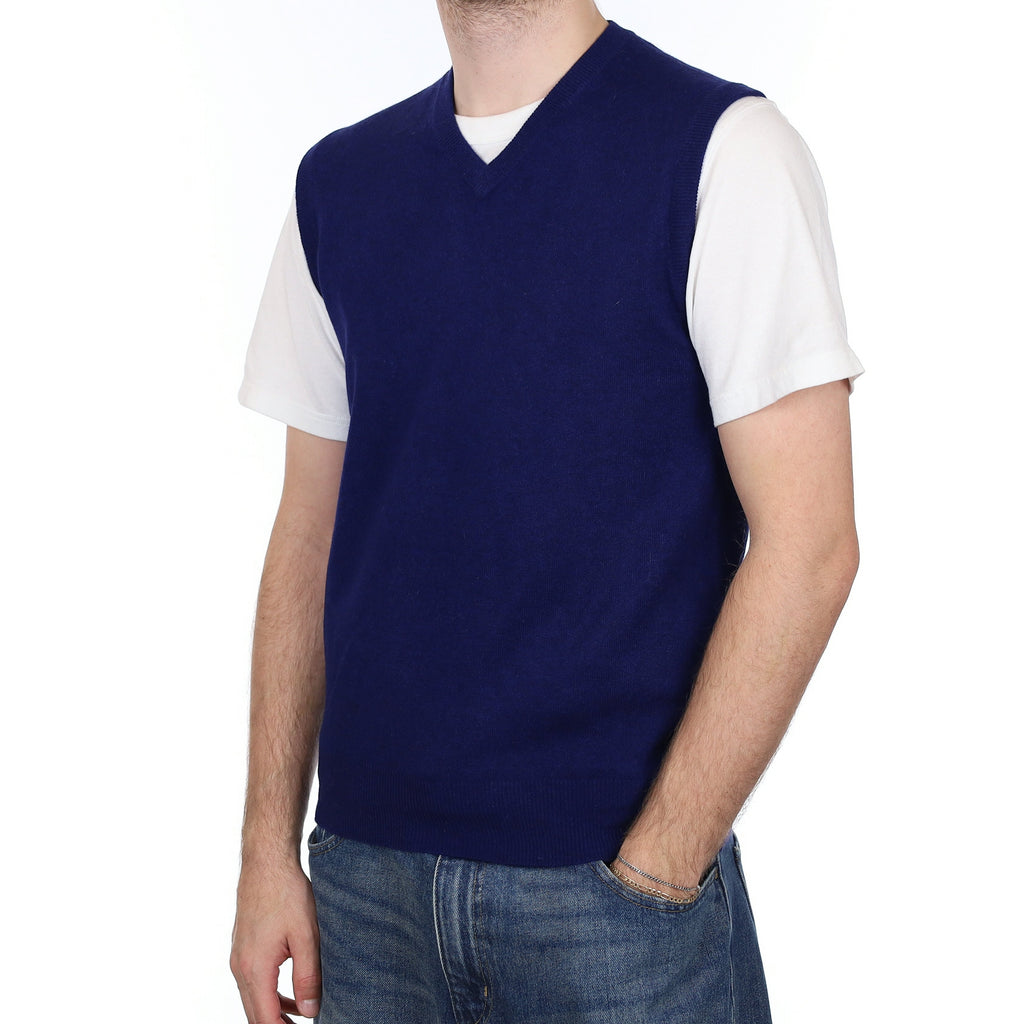 Men's Indigo Blue Cashmere V Neck Tank Top Medium