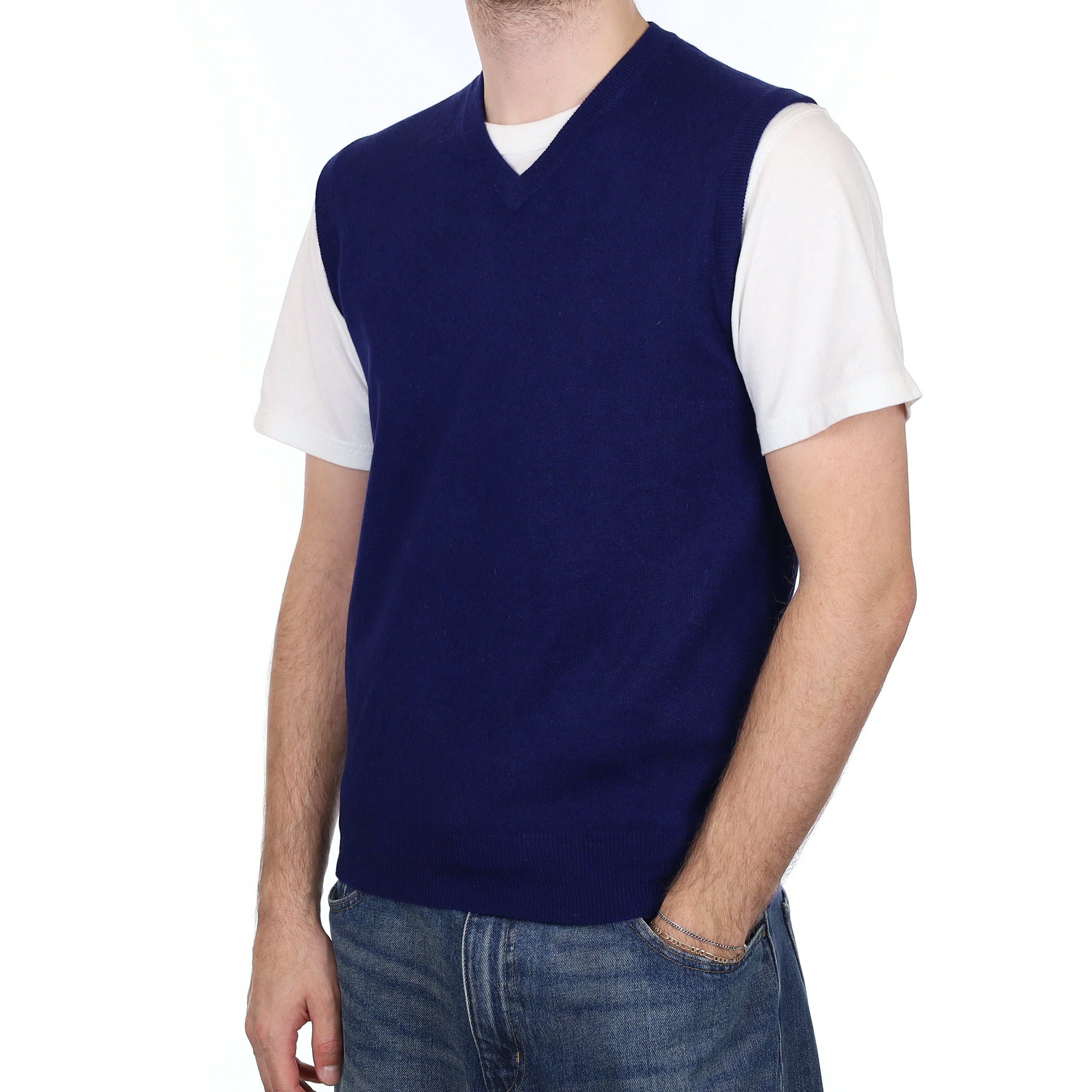 Men's Indigo Blue Cashmere V Neck Tank Top Medium