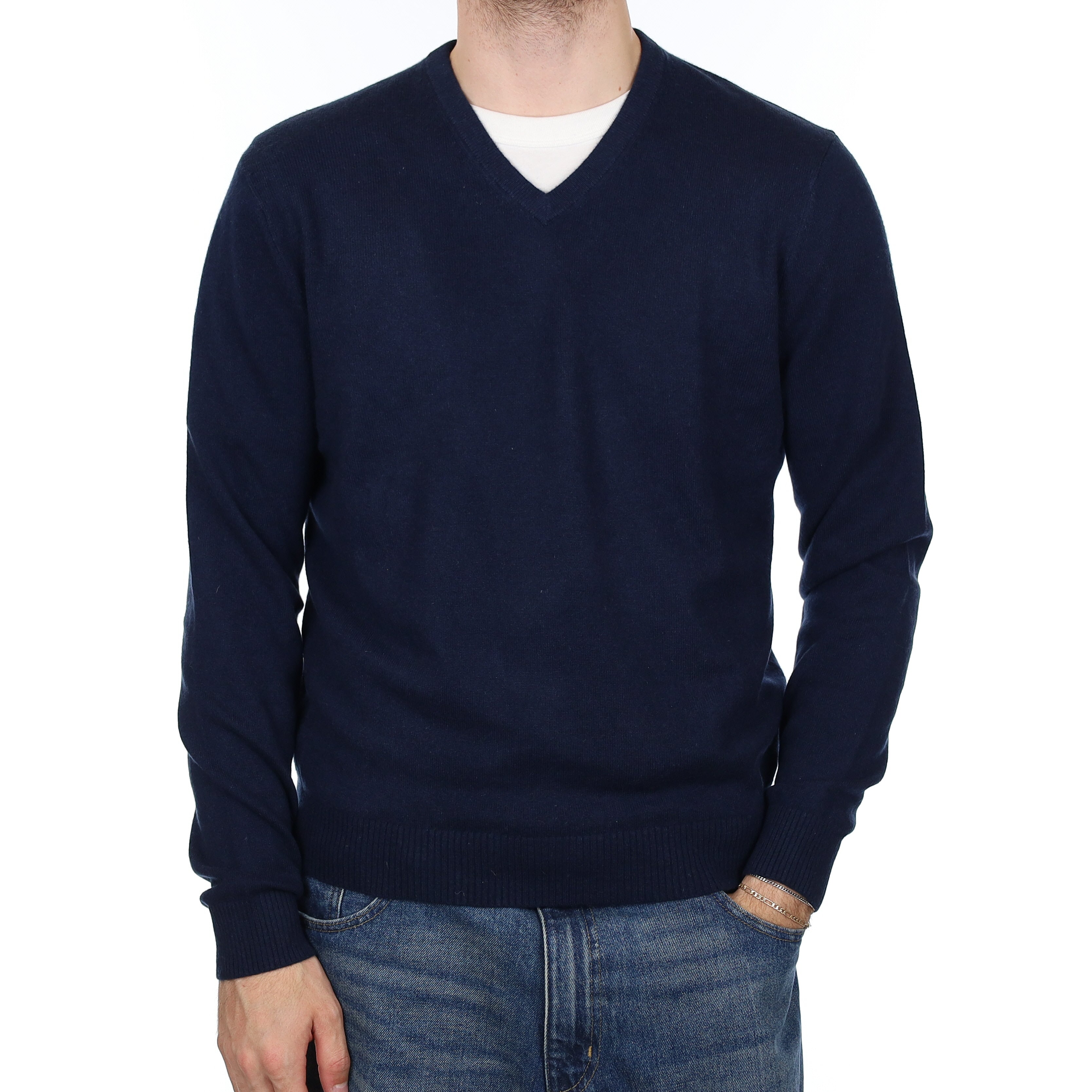 Men's Navy Blue Cashmere V Neck Jumper Medium