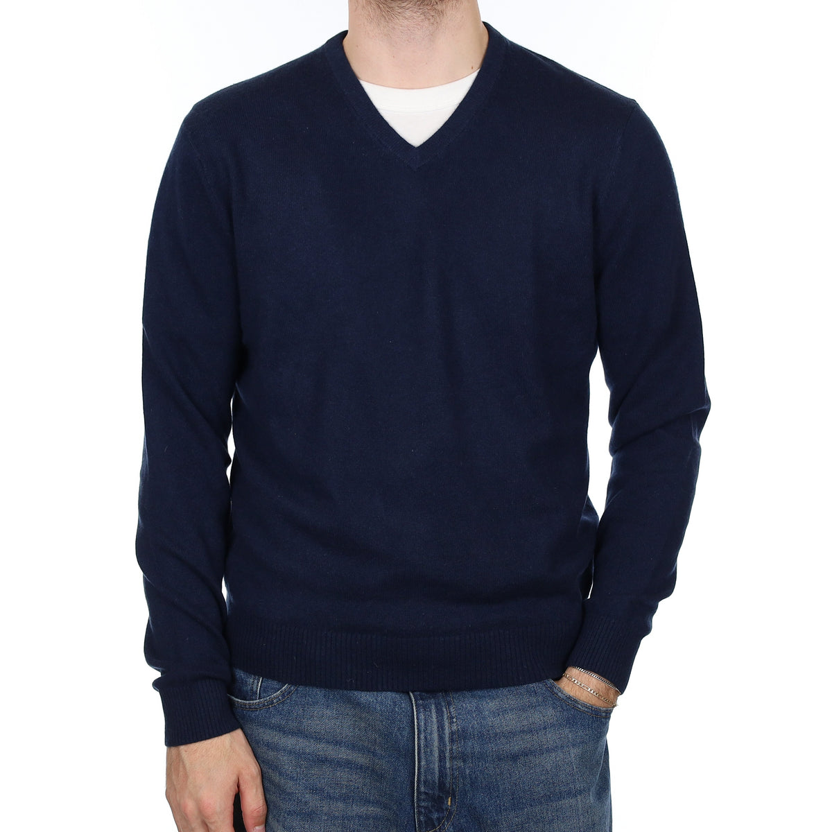 Men's Navy Blue Cashmere V Neck Jumper Medium